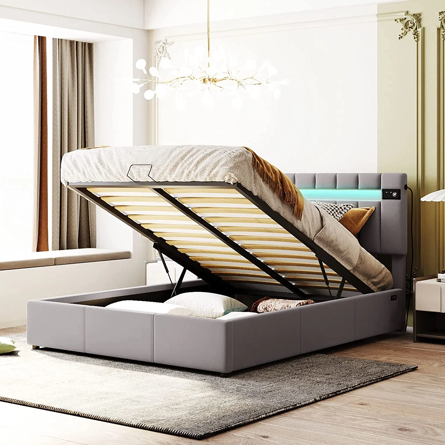 Upholstered Queen Platform Bed With LED Headboard, Bluetooth Player And USB Charging, Velvet Fabric Queen Size Bed With Lift Up Storage, No Box Spring Needed (Gray)