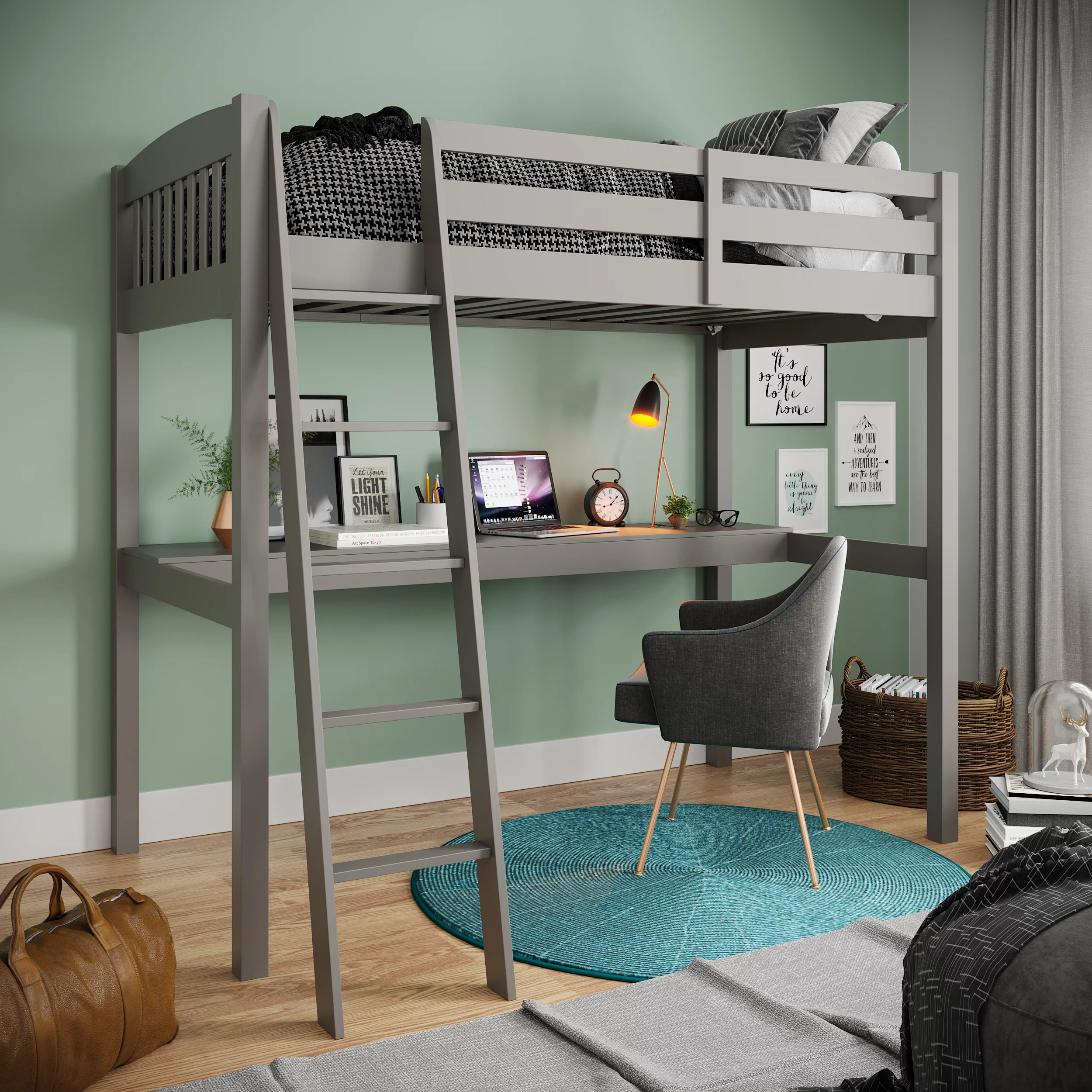 CoSoTower Grey High Loft Bed with Desk and Storage, Space Saver Twin Size Kids Loft Bed with Stairs for Toddlers Assembled in Sturdy Solid Wood, No Box Spring Needed