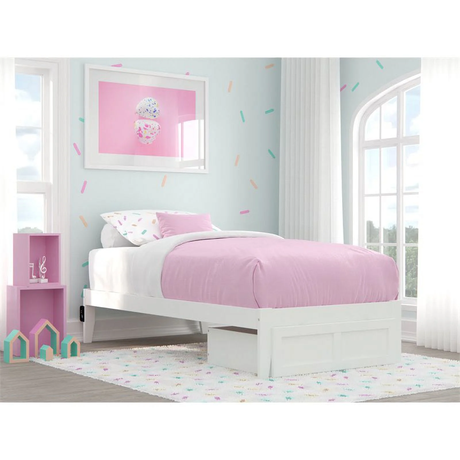 Bowery Hill Modern Wood Twin Bed with Foot Drawer and USB Charger in White