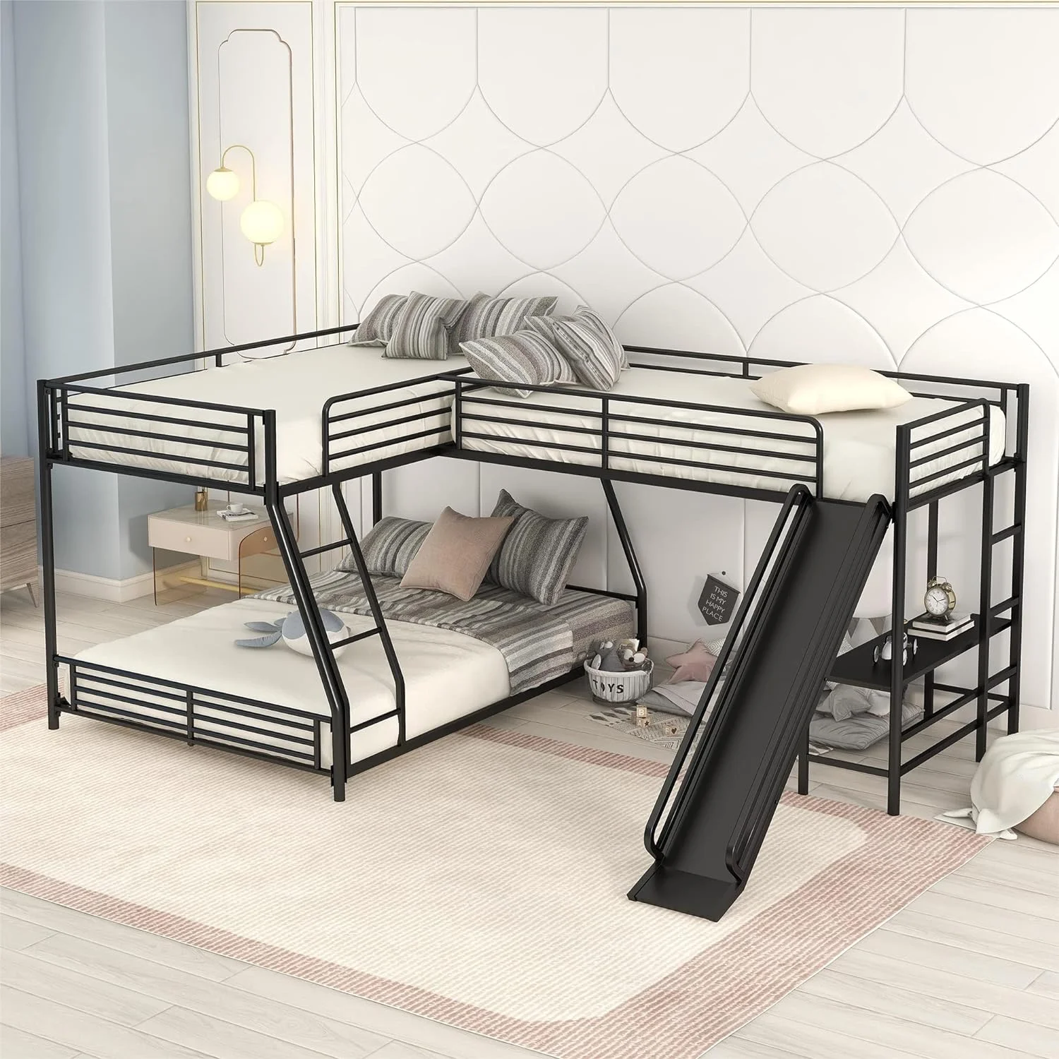 Metal L-Shaped Buk Bed,Triple Buk Bed With Desk Ad Slide, Over Full Buk Bed Attached A Loft Bed With Desk Udereath,3 Buk Beds For Kids Boys Girls Tees,Black