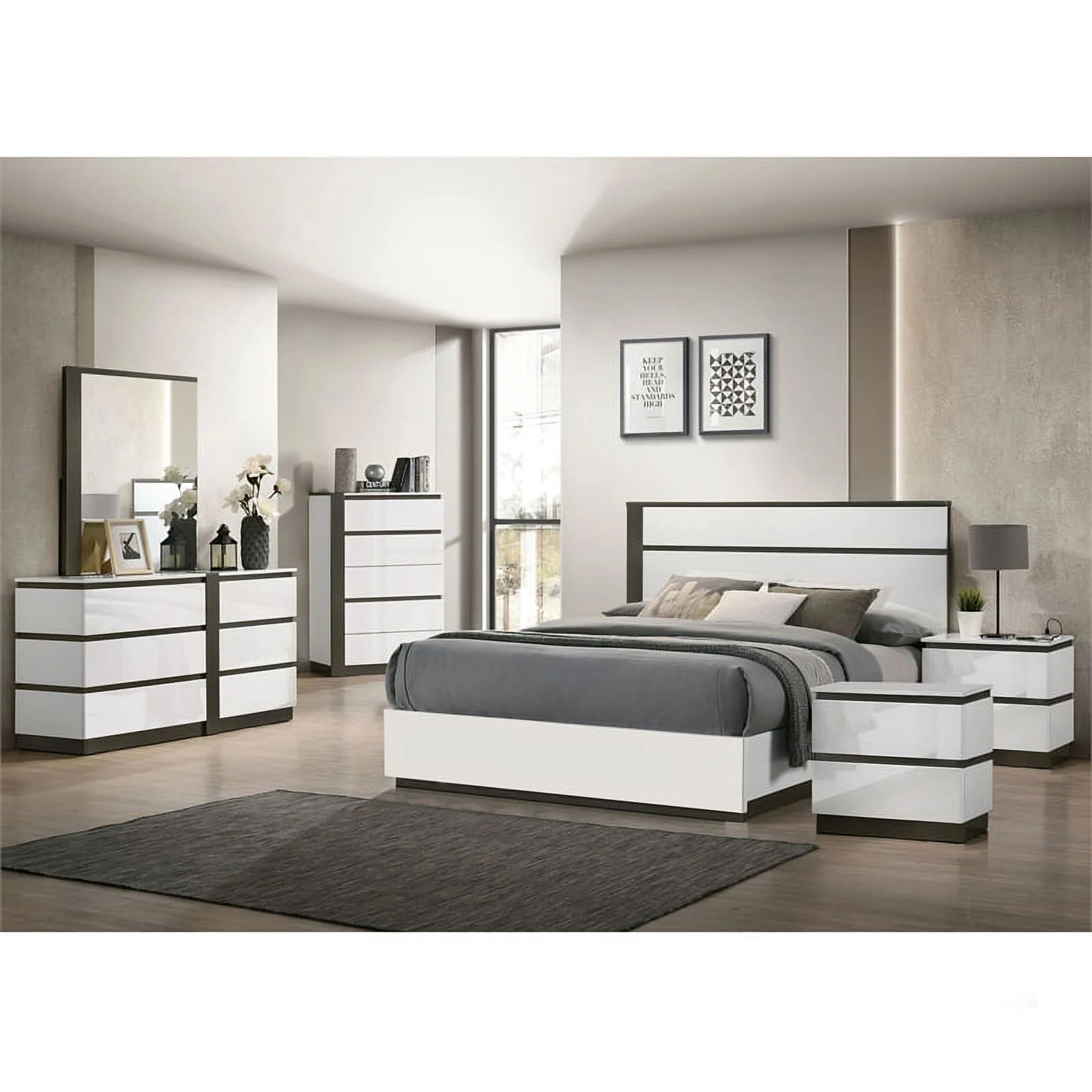 FOA Misti 6pc White Wood Bedroom Set-Cal King+2 Nightstands+Chest+Dresser+Mirror