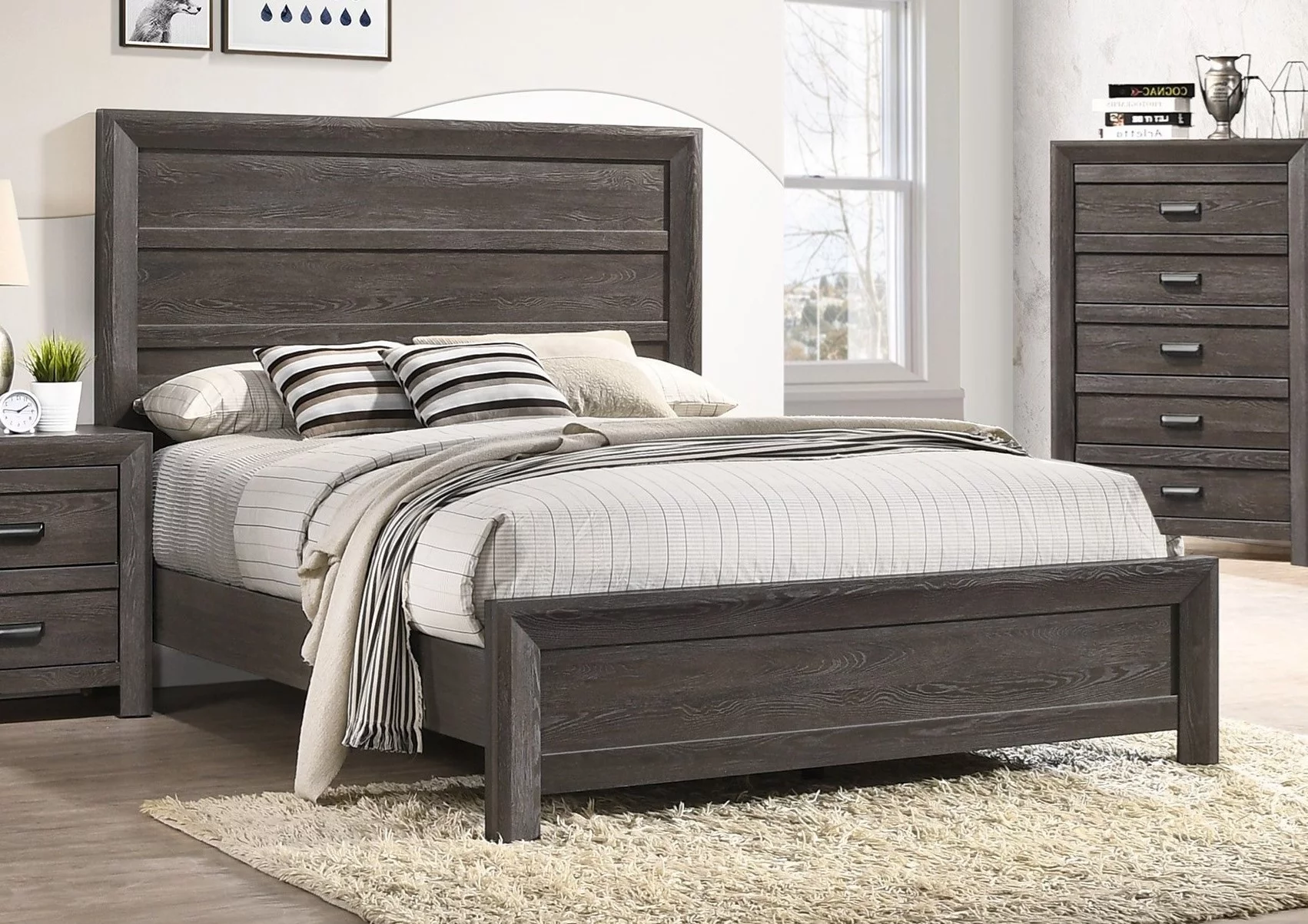 Contemporary Bedroom Furniture King Size Bed Set Dresser Mirror Nightstand Brown Finish 5pc