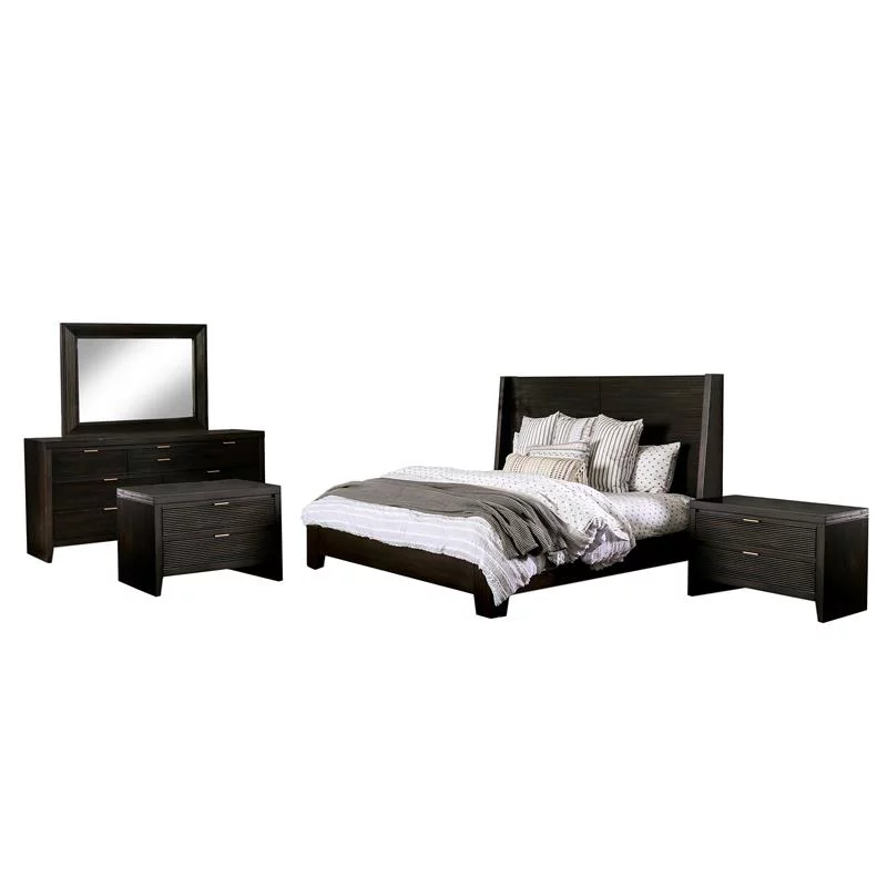 FOA Tezra 5pc Walnut Wood Bedroom Set-Queen+2 Nightstands+Dresser+Mirror