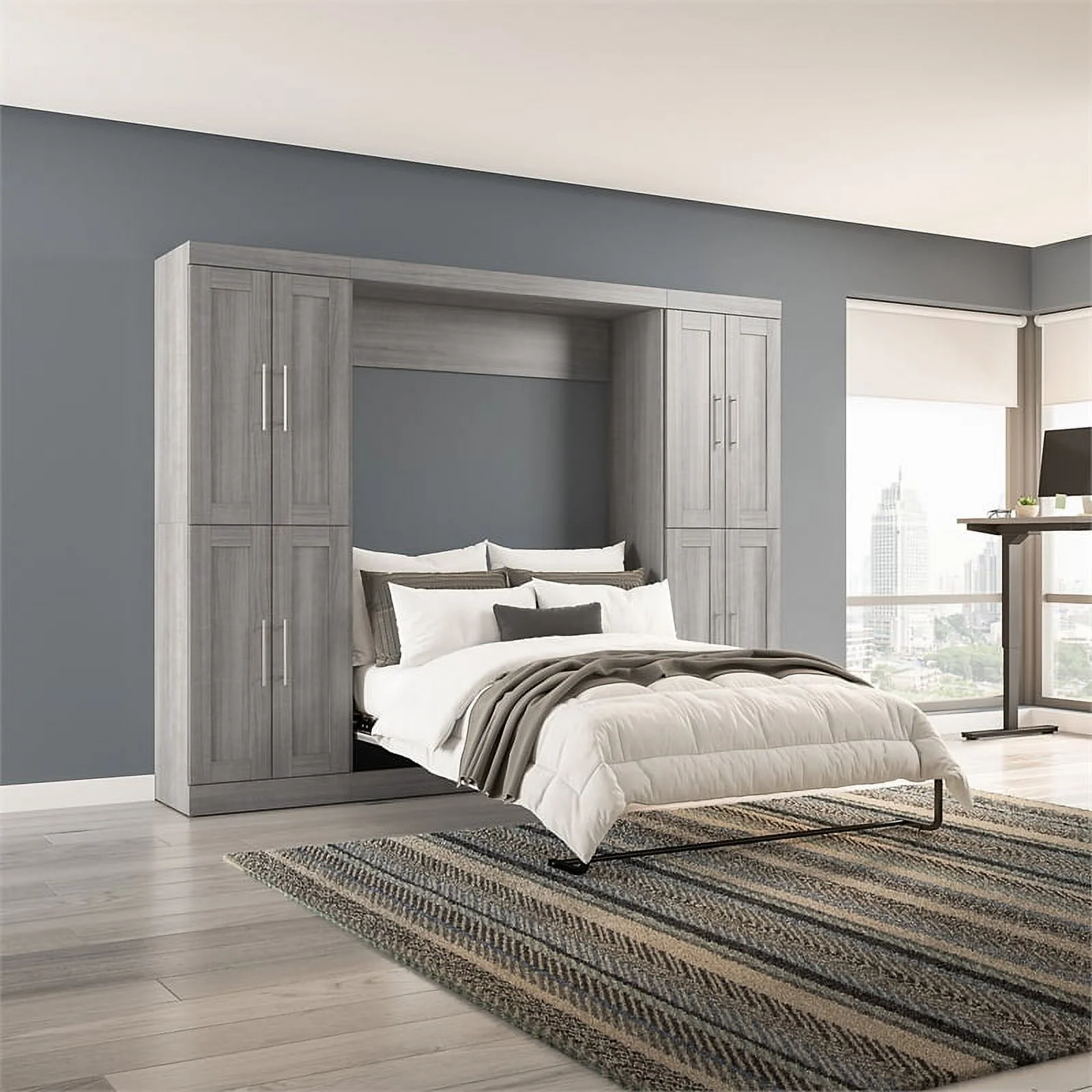 Bestar Pur Engineered Wood Full Murphy Bed with Storage Cabinets in Gray