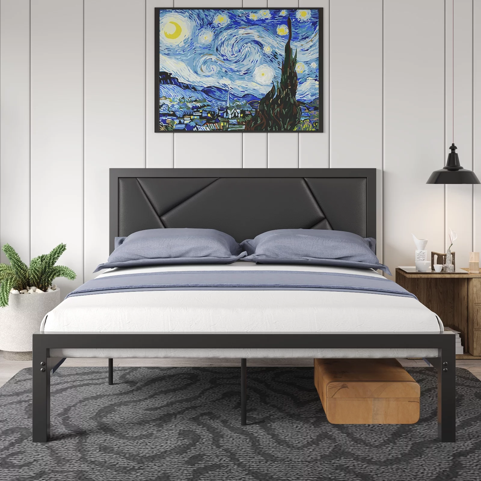 Amolife Queen Size Metal Bed Frame with Litchi Grain Faux Leather Geometric Upholstered Headboard, Black