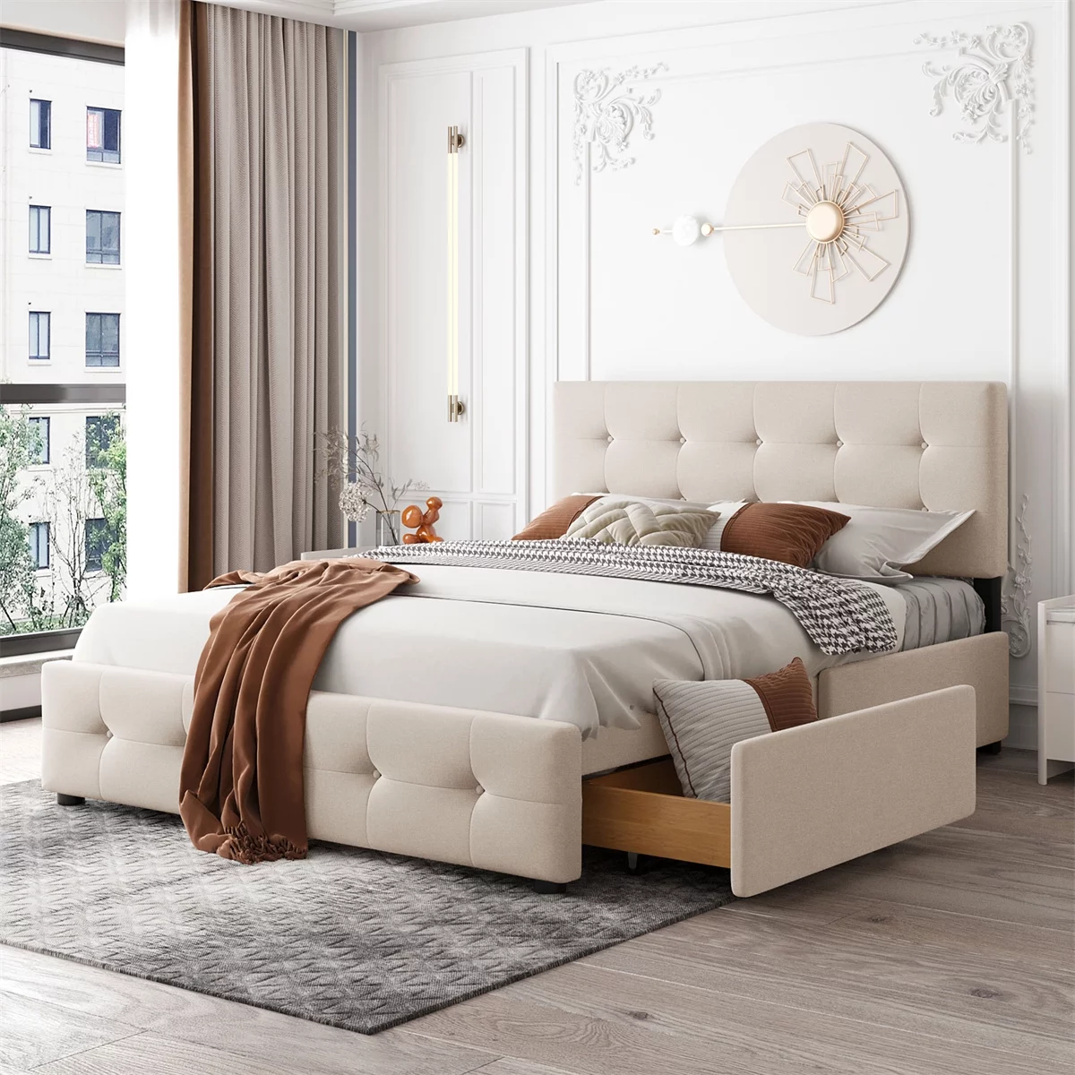 Queen Size Bed Frame with 4 Storage Drawers, Modern Upholstered Platform Bed with Headboard, Wood Slat Support,No Box Spring Needed