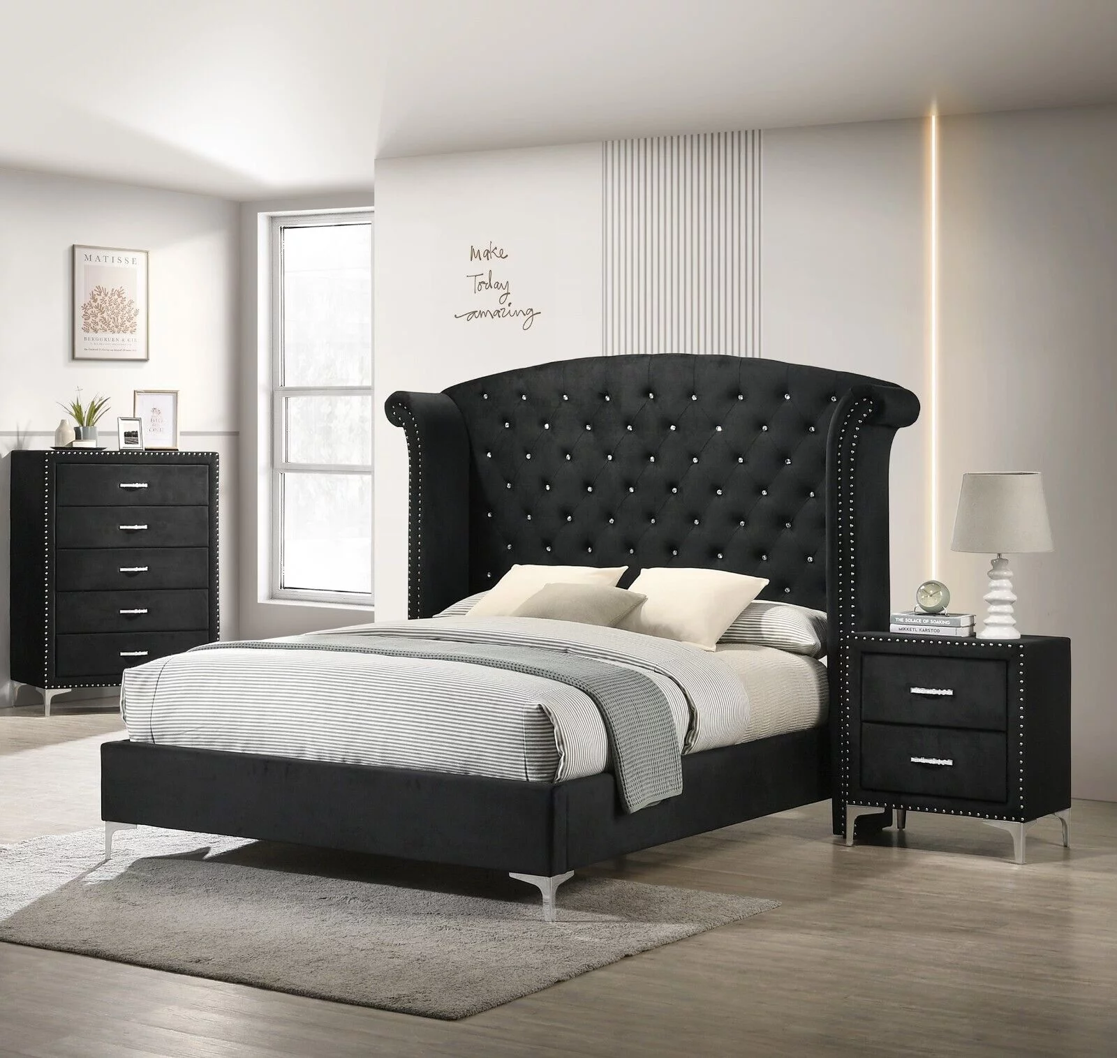 Modern Glamourous Style 3pc King Size Bed Chest Nightstand Bedroom Set Black Velvet Upholstery Furniture