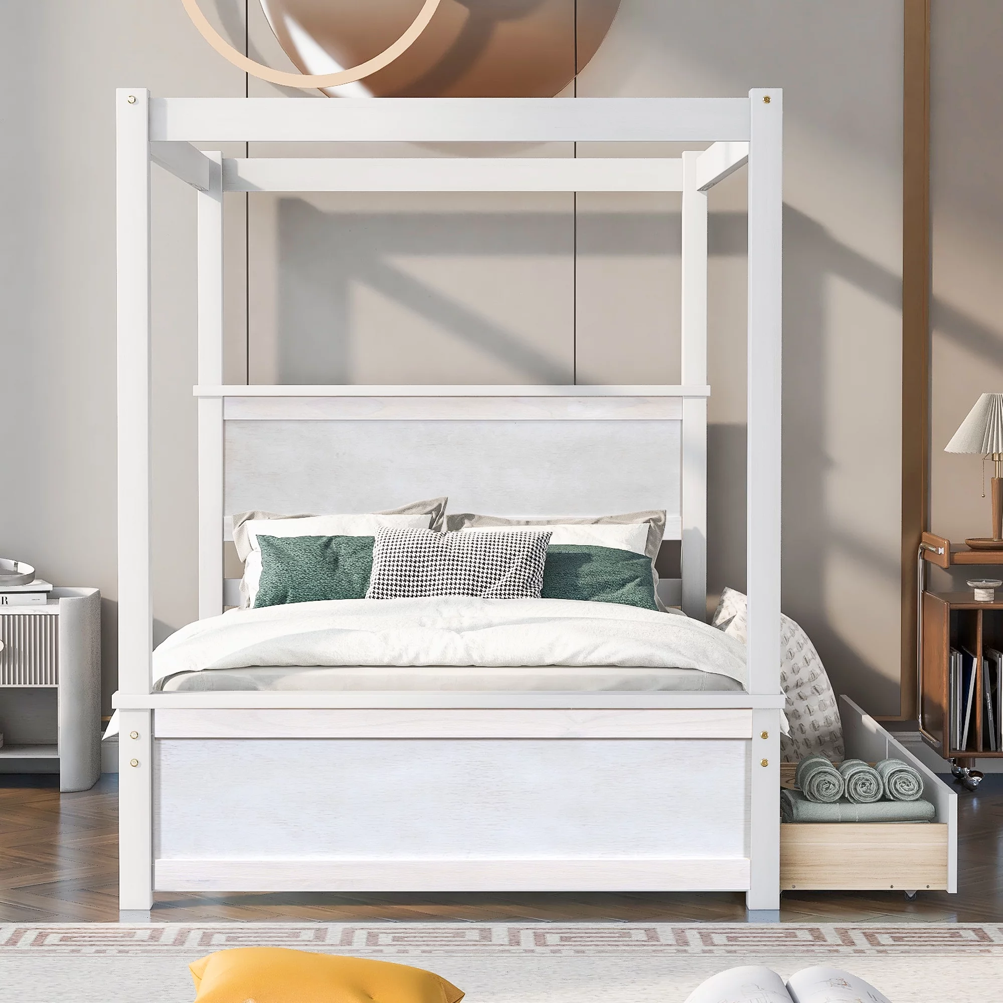 Full Size Canopy Bed 4-Post Canopy Platform Bed Frame with Two Drawers, Solid Wood Full Platform Bed Frame for Kids Teens Adults, No Box Spring Needed