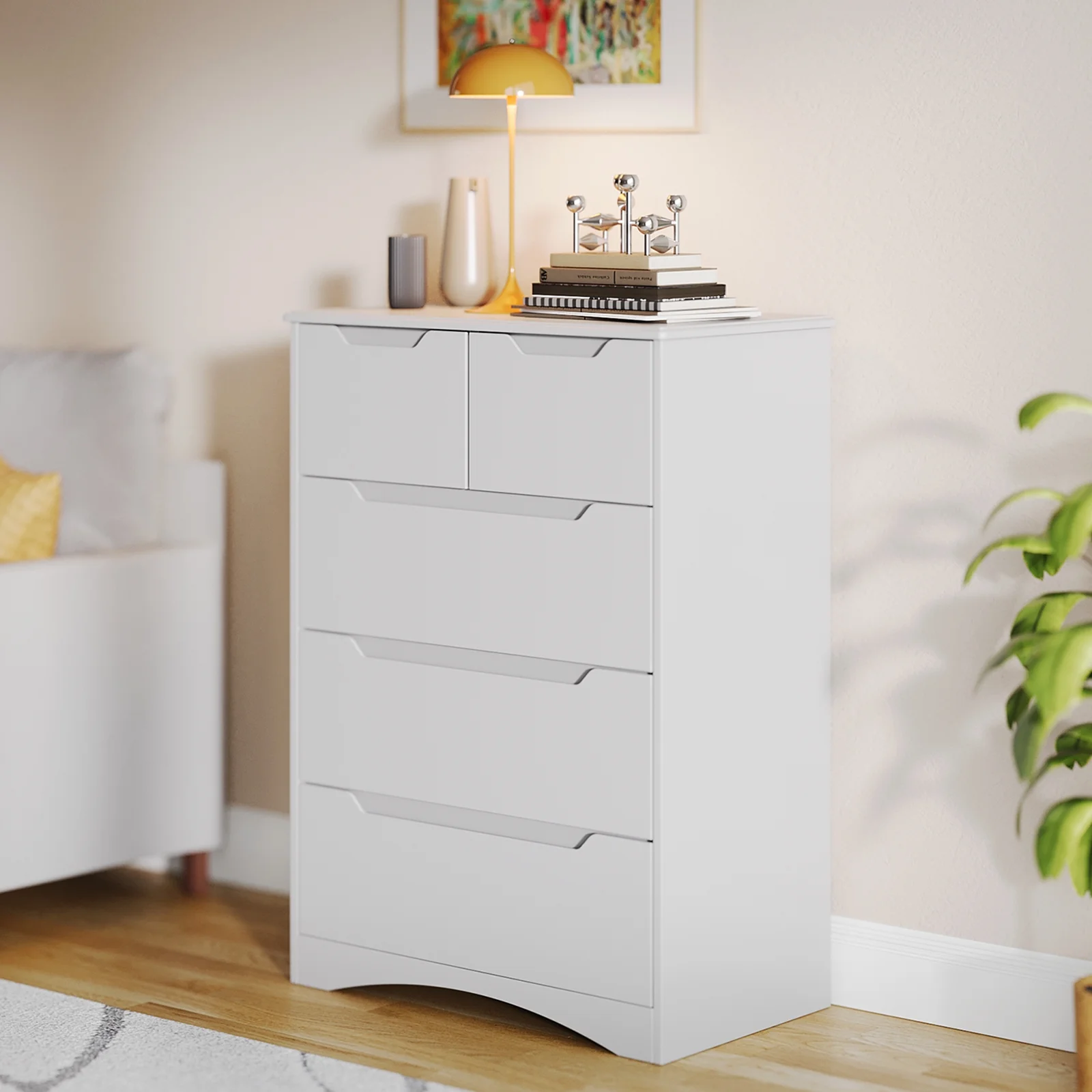 Asofer Bedroom Dressers, 5 Drawer Chest for Clothes and Toys, Living Room Wood Storage Cabinet , White