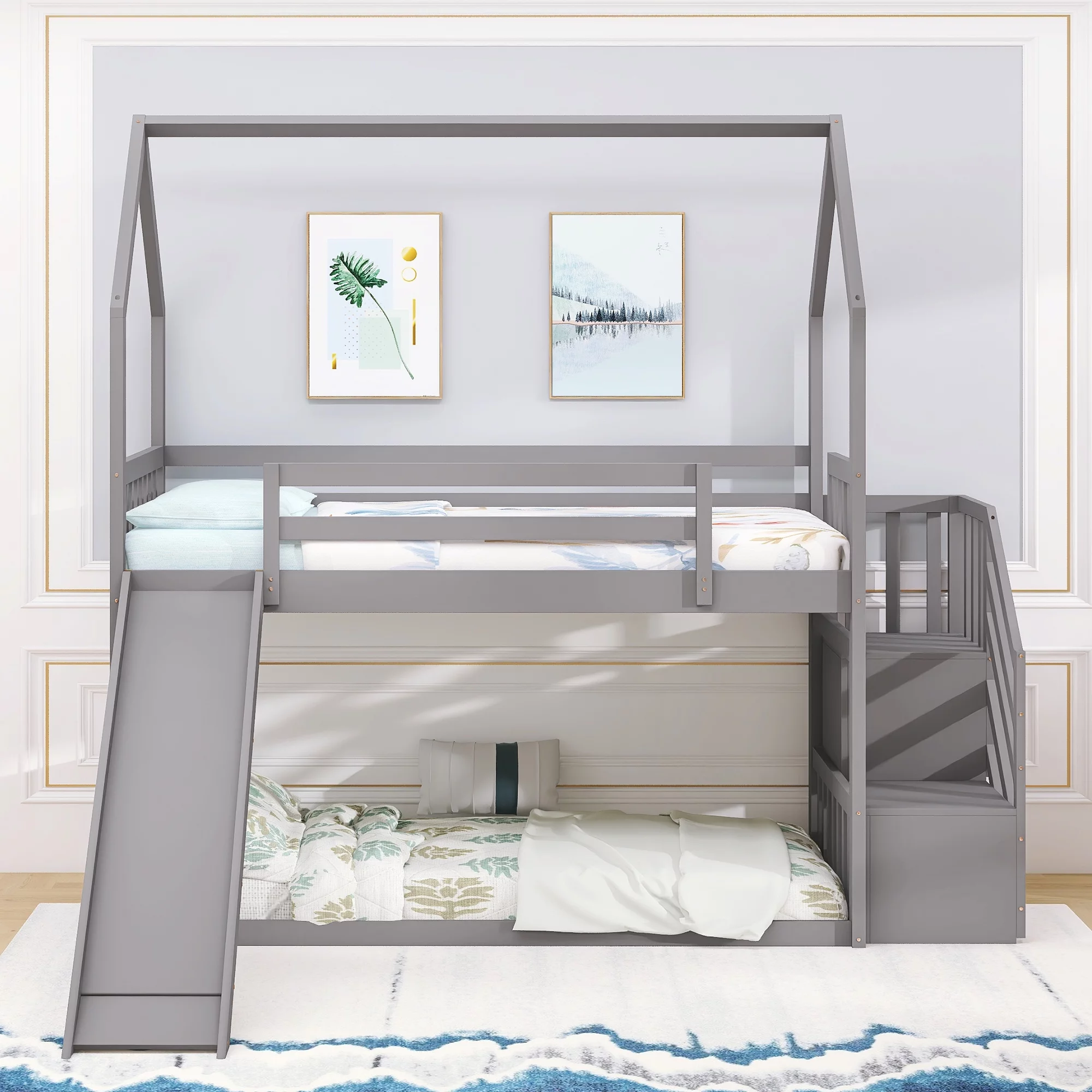 Euroco Twin over Twin Bunk Bed with Slide for Kids Bedroom, Wood House Bed with Storage Staircase for Child, Gray