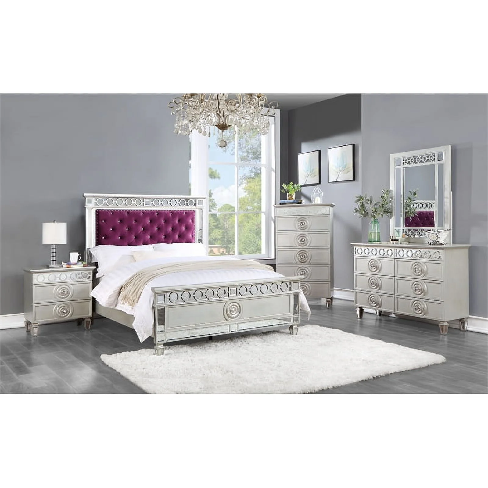 ACME Varian Tufted Velvet Upholstery Twin Bed in Burgundy and Silver