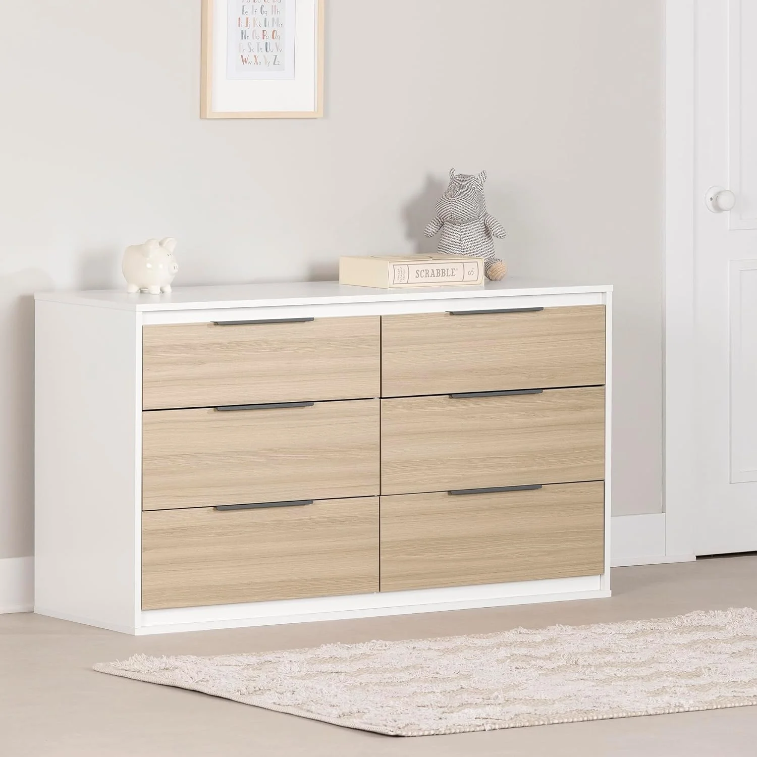 Hourra 6-Drawer Double Dresser, Sof Elm And Whie