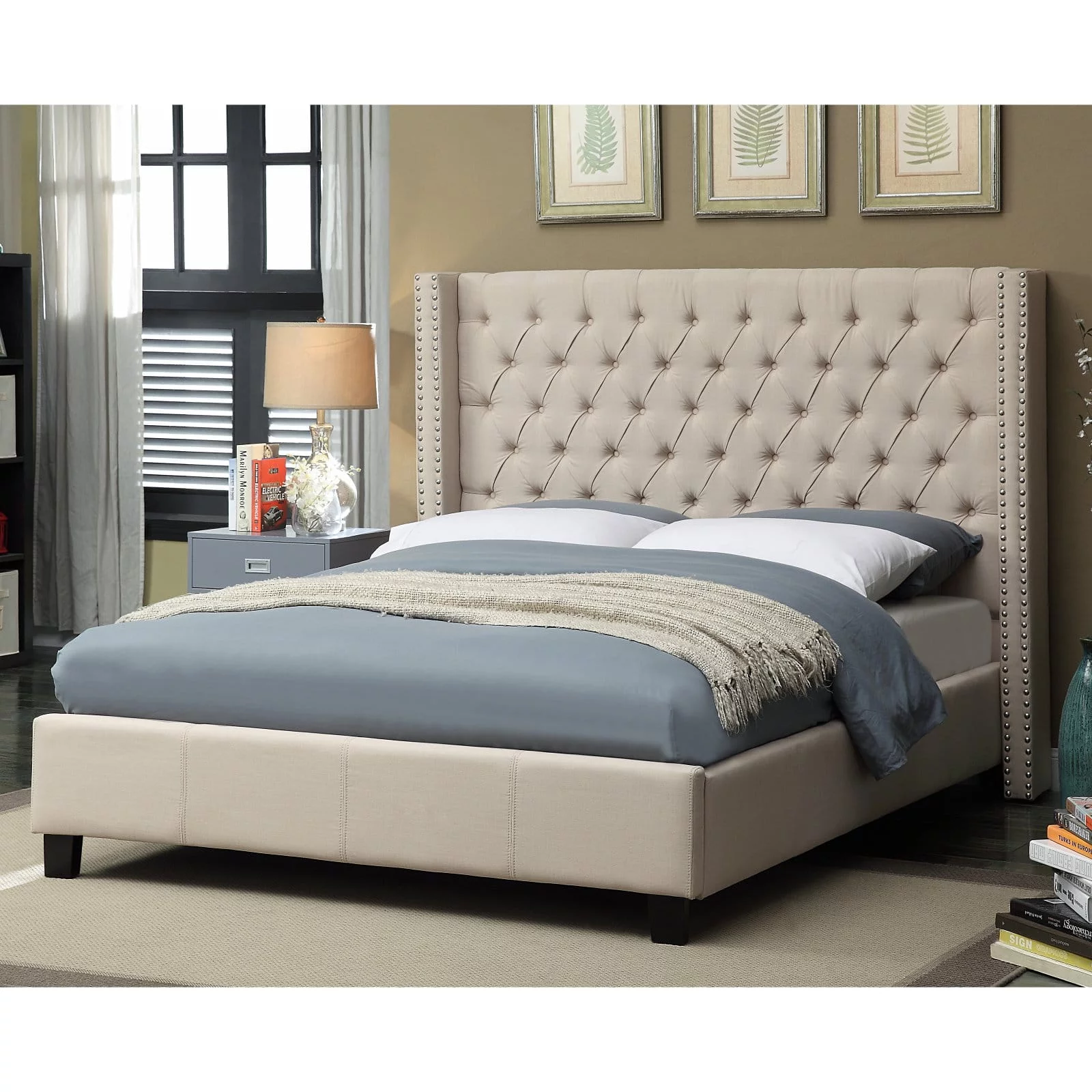 Meridian Furniture Ashton Solid Wood Linen Wing Back Twin Bed in Navy