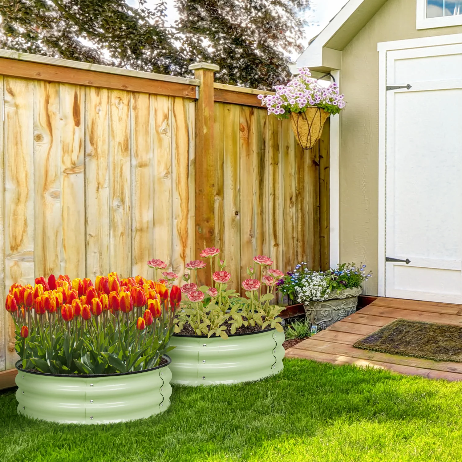 Aoodor 9'' Tall Aluzinc Metal Raised Garden Bed 30'' Round - Outdoor Garden Planter Box for Vegetable, Flower, Herb - Olive Green (Set of 2)