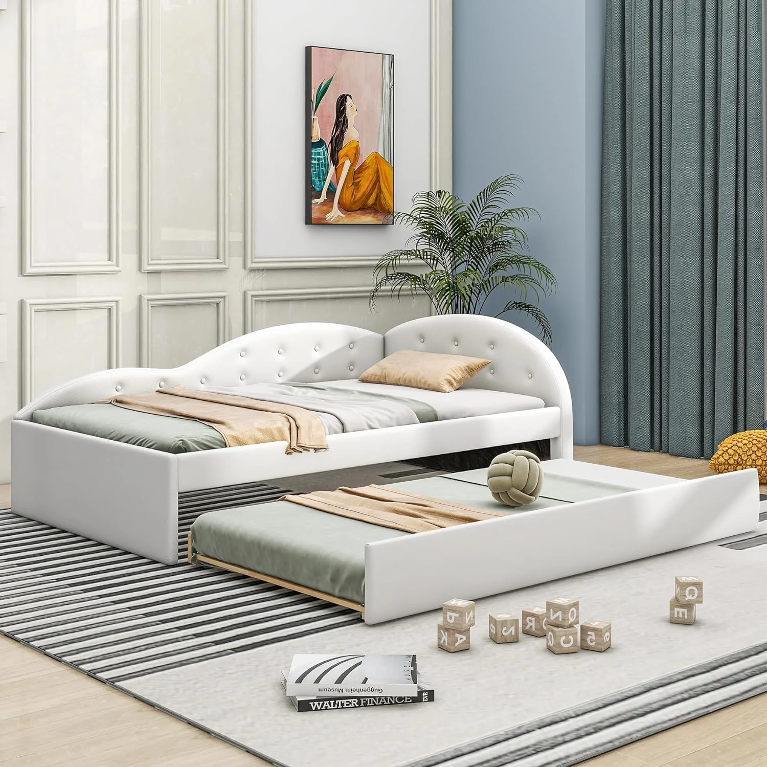 Daybed With Trudle,PU Upholstered Tufted Daybed With Cloud Shaped Guardrail, Moder Trudle Bed Sofa Daybed For Bedroom, Livig Room,White