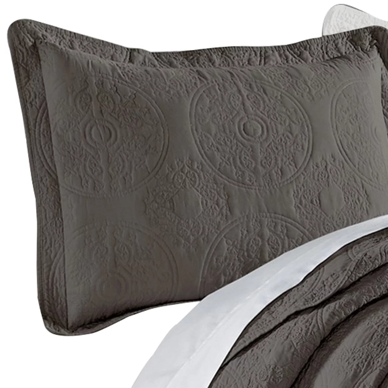Ada 2 Piece Microfiber Twin Size Quilt Set, Mandala Embroidery, Dark Gray- Saltoro Sherpi