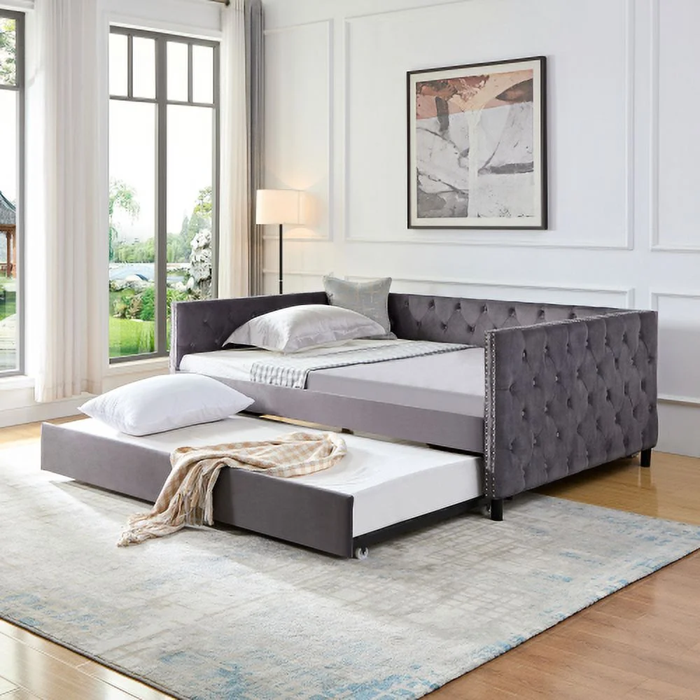 Sofa Bed With Wheels, Upgraded Velvet Upholstered Sofa Bed, With Button And Copper Nail On Square Arms,Bedroom Living Room Furniture (Gray,Full,82.75