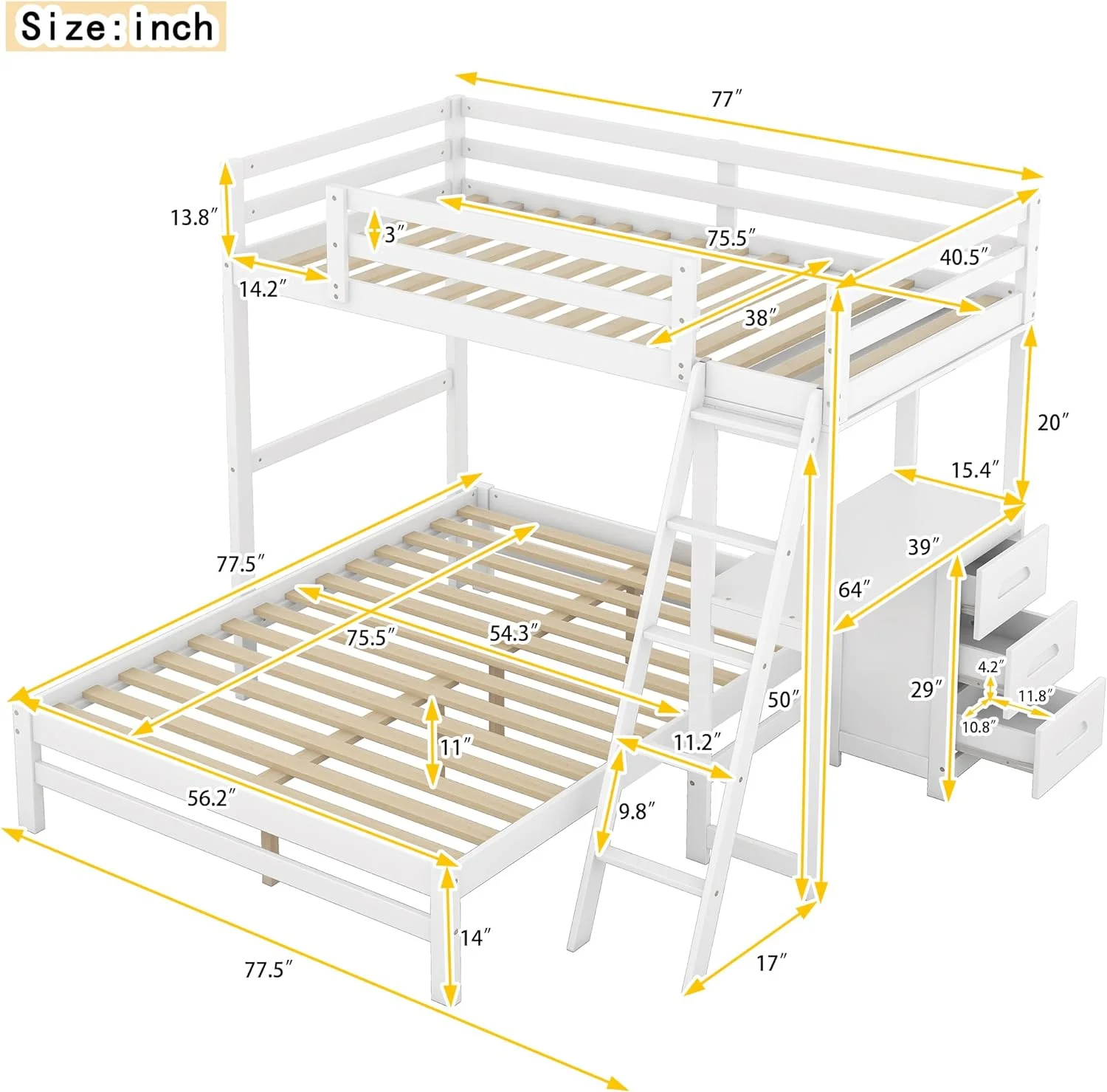 Bunk Beds Over Full Size With Built-In Desk And Three Drawers, Wooden Storage Bunk Beds With Removable Bottom Bed ,Bunk Beds With Ladder & Guardrails For Kids Girls Boys ,White