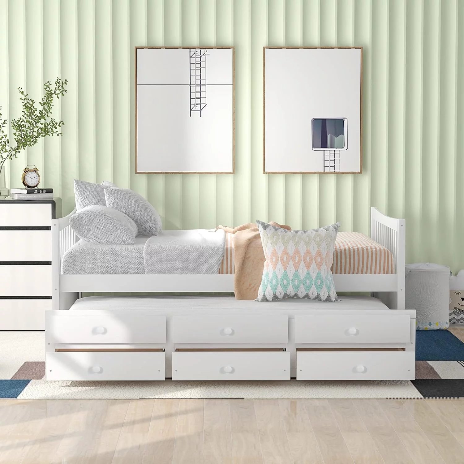 Full Size Daybed With Size Trundle And Drawers, Wood Bed Frame With Headboard And Footboard, Wooden Daybed For Kids Adults Bedroom, White