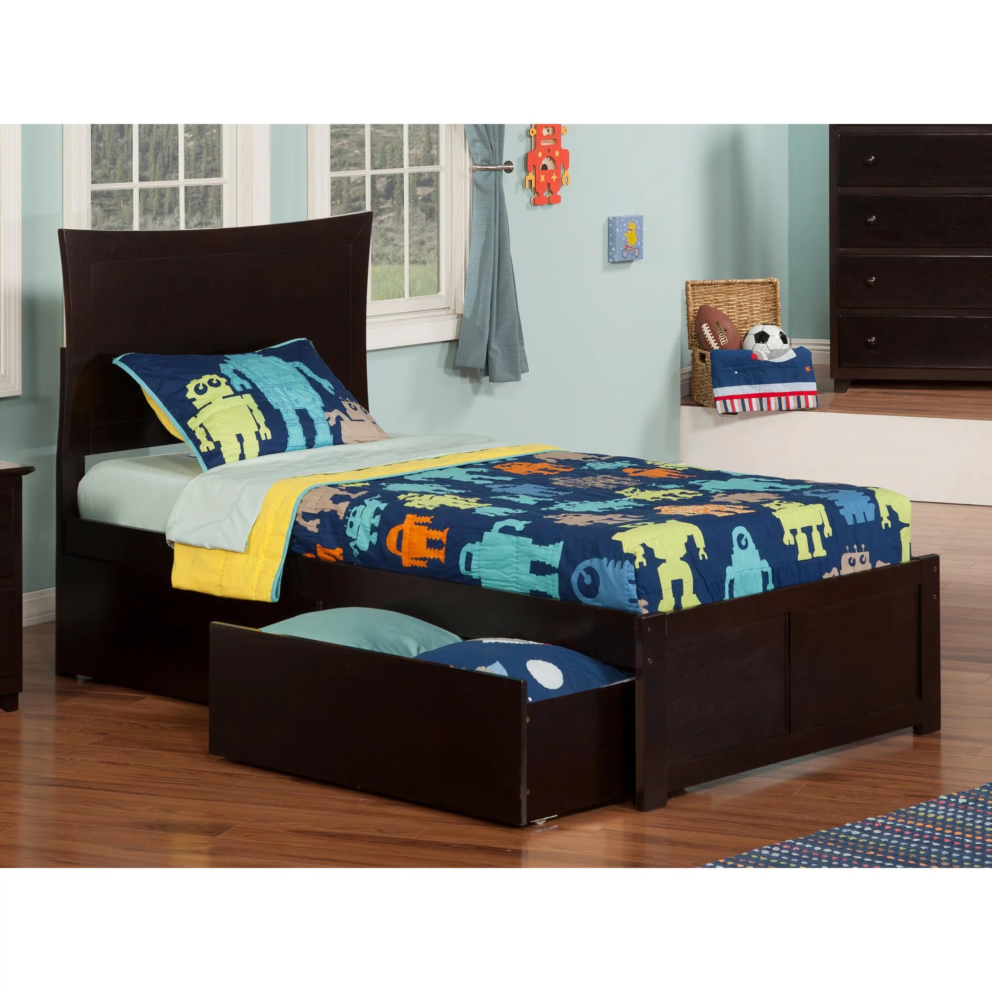 Metro Twin XL Platform Bed with Flat Panel Foot Board and 2 Urban Bed Drawers in Espresso