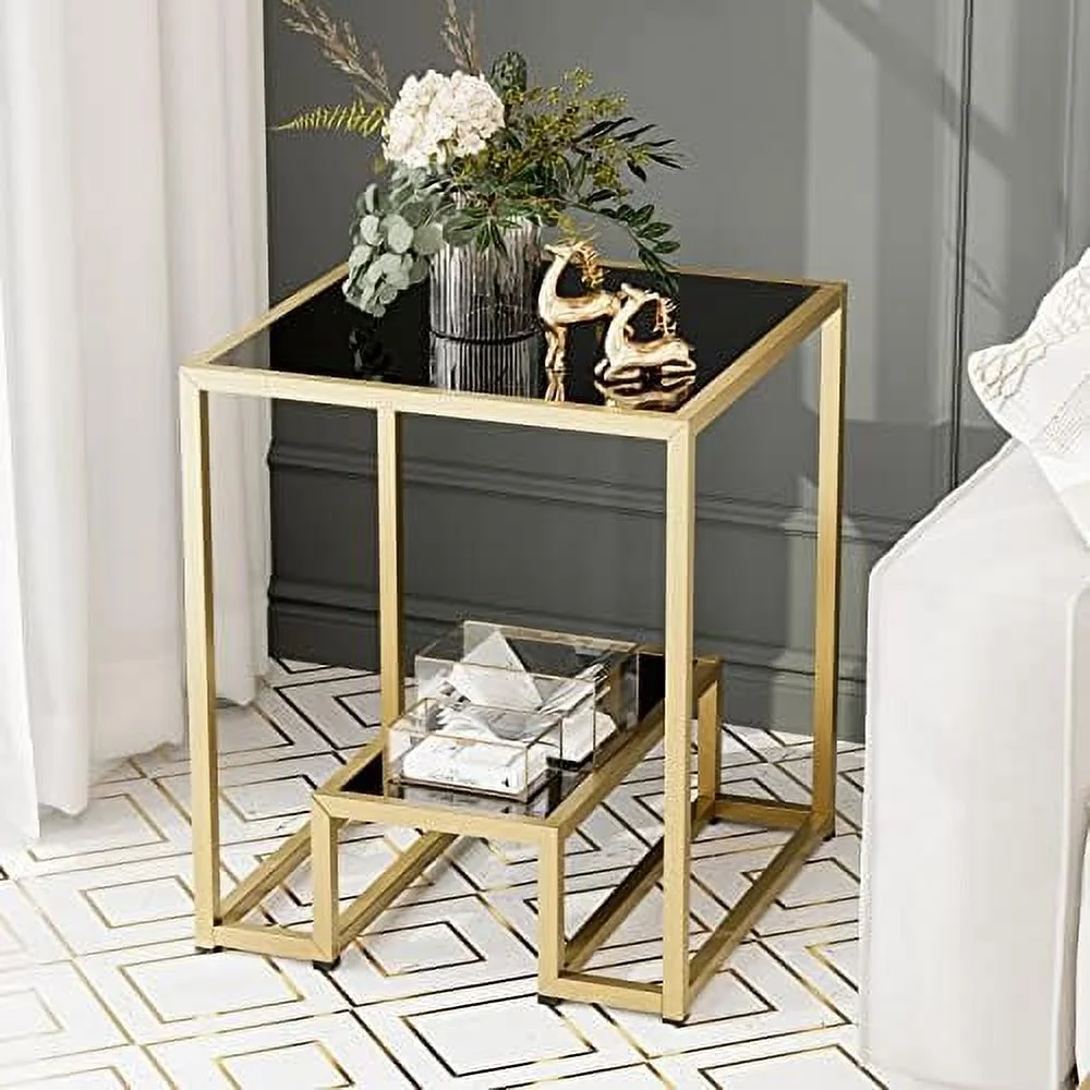 HBBOOMLIFE High Gloss Gold Nesting End Table 2-Tier Faux Marble Sofa with Metal Frame Bedside Table for Small Space Living Room Bedroom Office