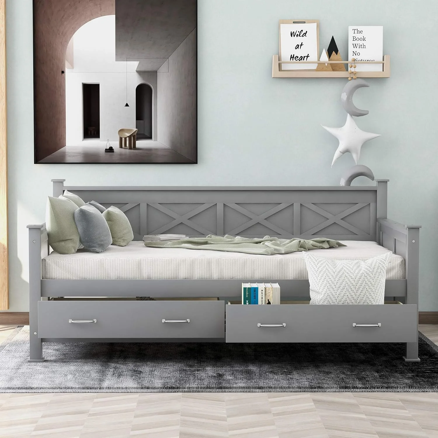 Daybed With Drawers, Wood Storage Daybed With 2 Storage Drawers, Wooden Platform Bed Great For Kids Guests Sleepovers, Gray