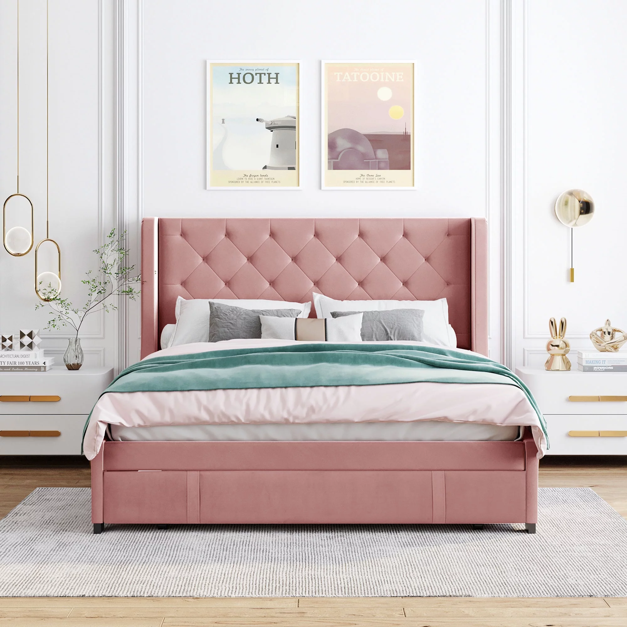 Dcenta Queen Size Storage Bed Upholstered Platform Bed with Wingback Headboard and a Big Drawer (Pink),Overall Product Weight: 110LBS