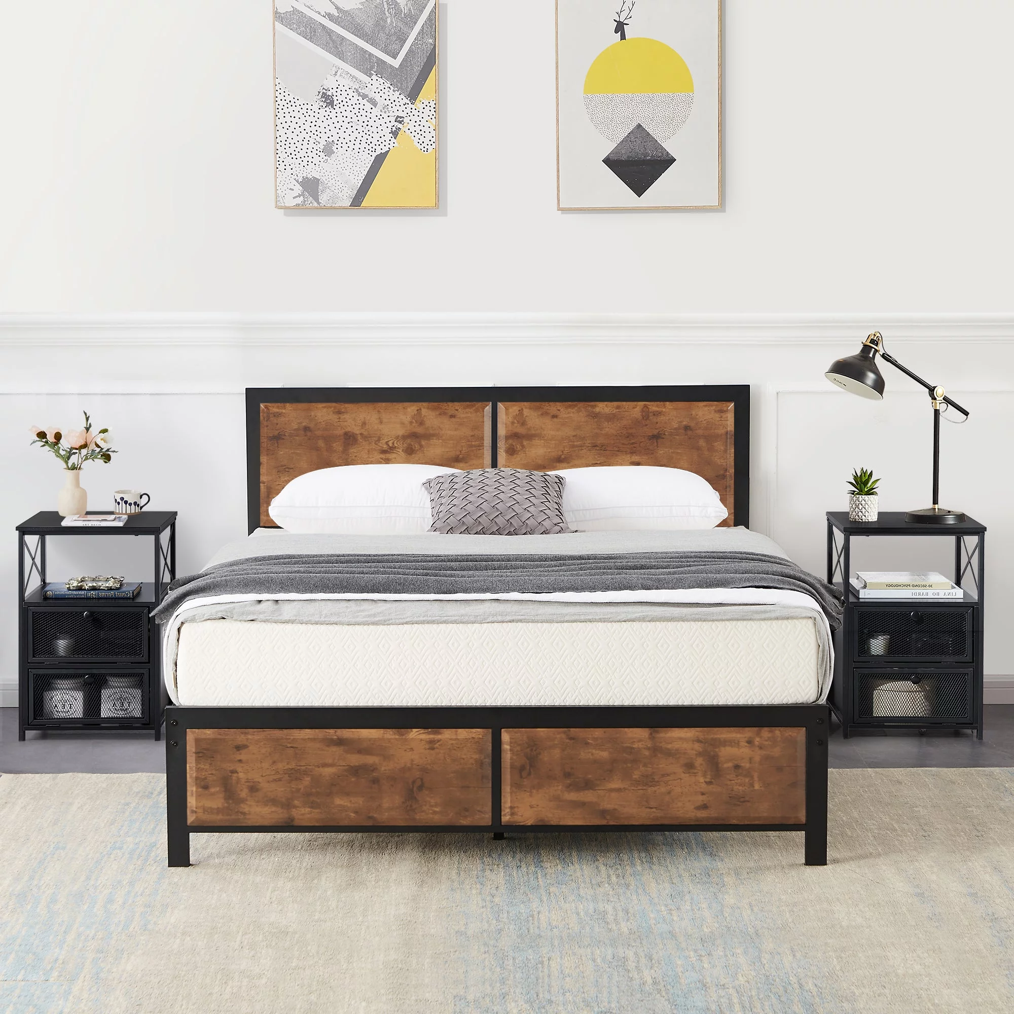 VECELO 3-Piece Queen Bedroom Sets with Wooden Headboard Bed Frame and 2 Black Nightstands