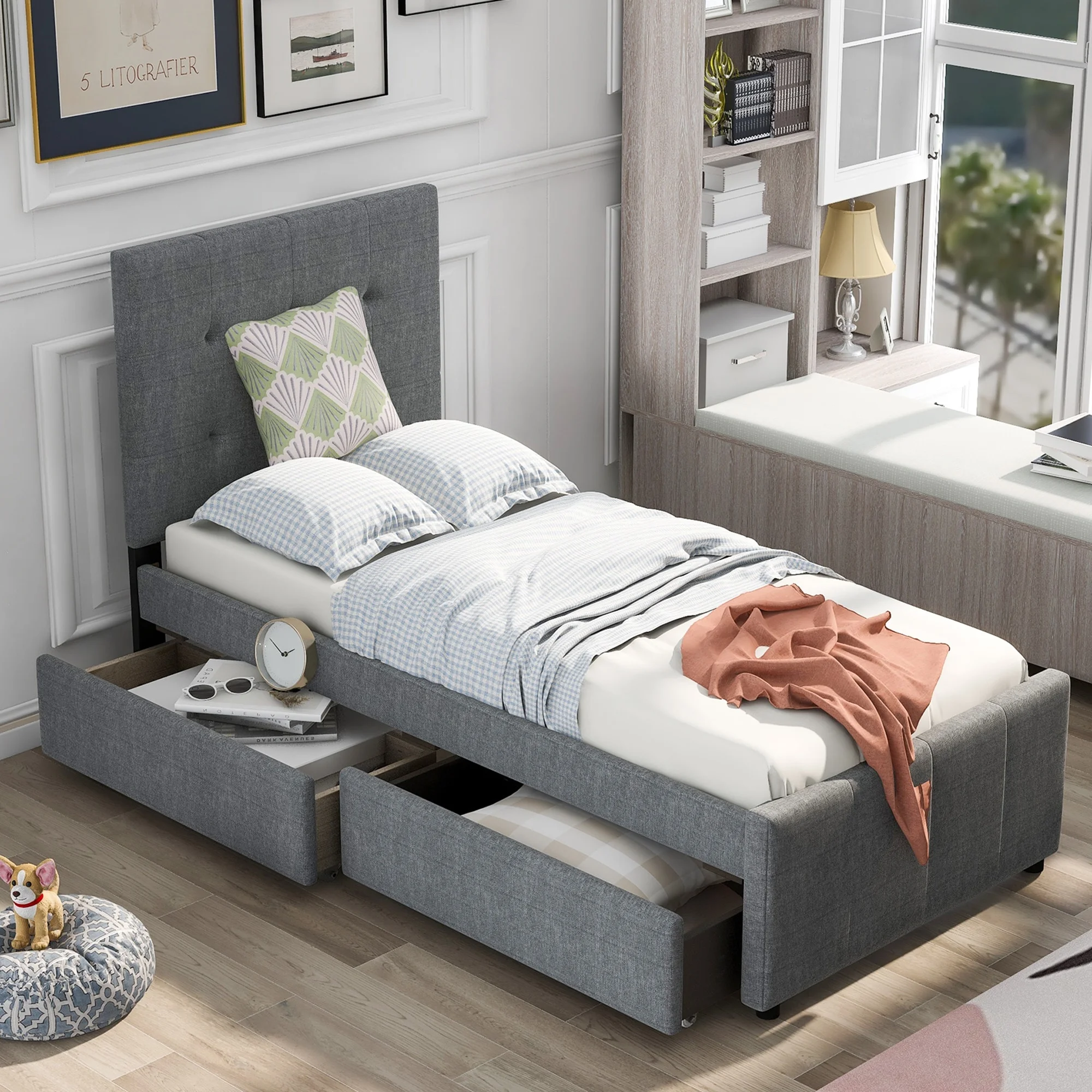 Solid Wood Platform Bed with Headboard and Two Built-in Drawers, Twin