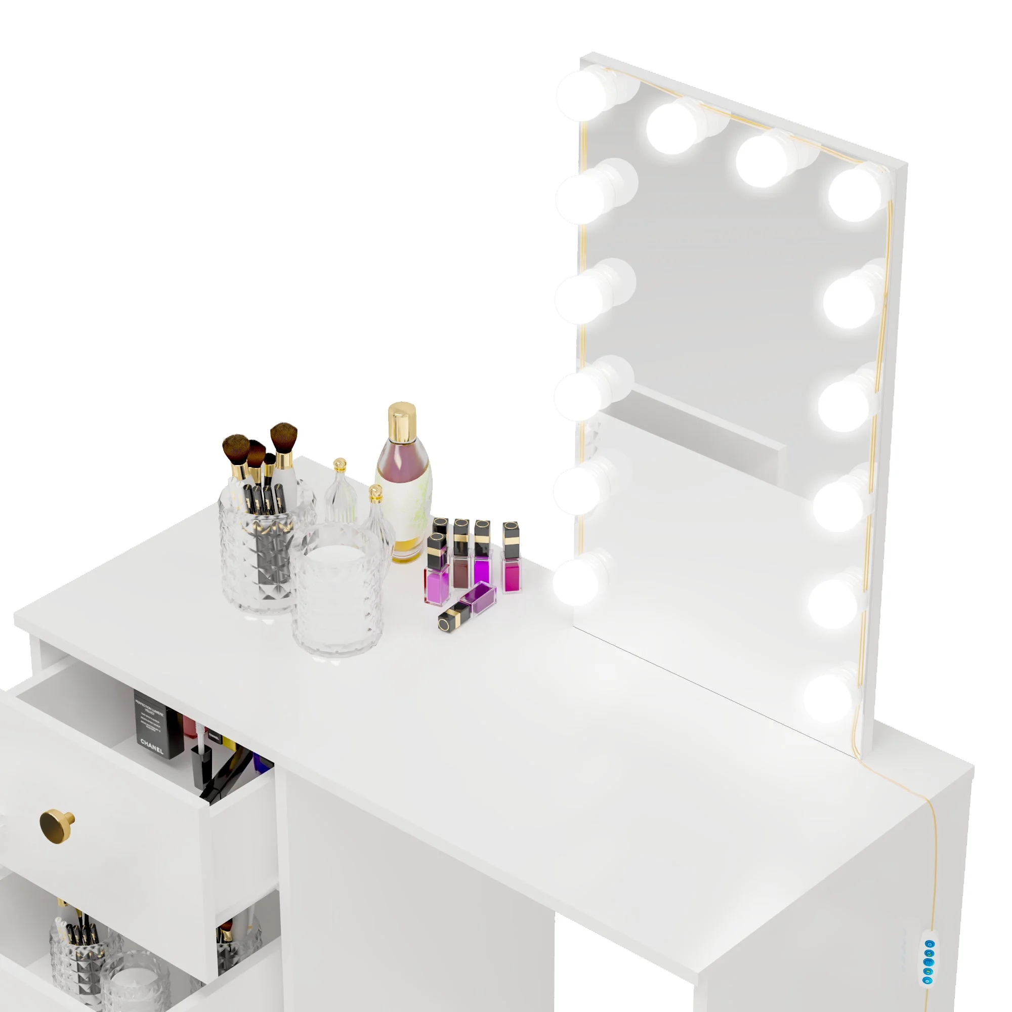 Ember Interiors Ava Modern Vanity Table with Lights, Golden Knobs, for Bedroom, White