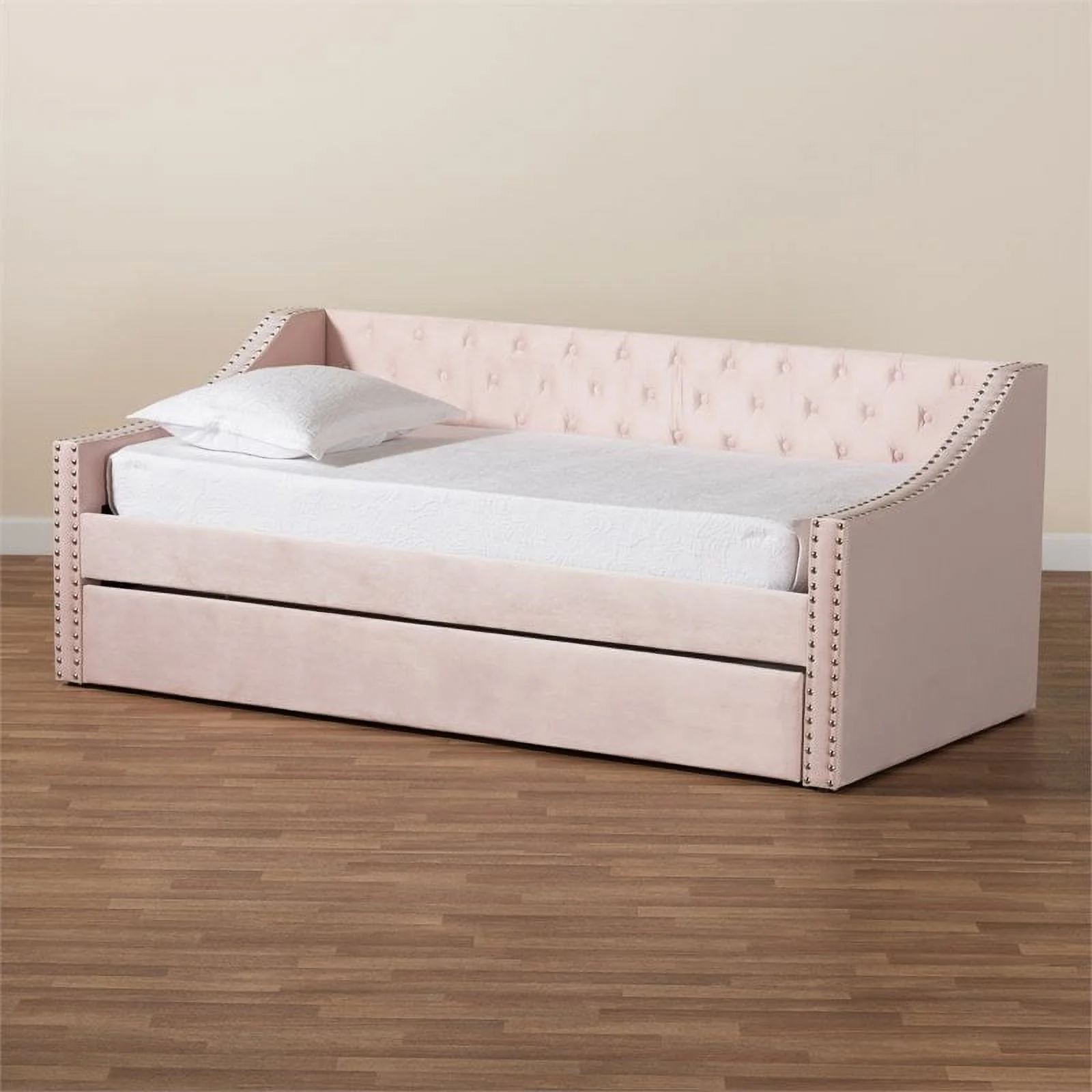 Bowery Hill Contemporary Velvet Upholstered Twin Size Daybed w/ Trundle in Pink