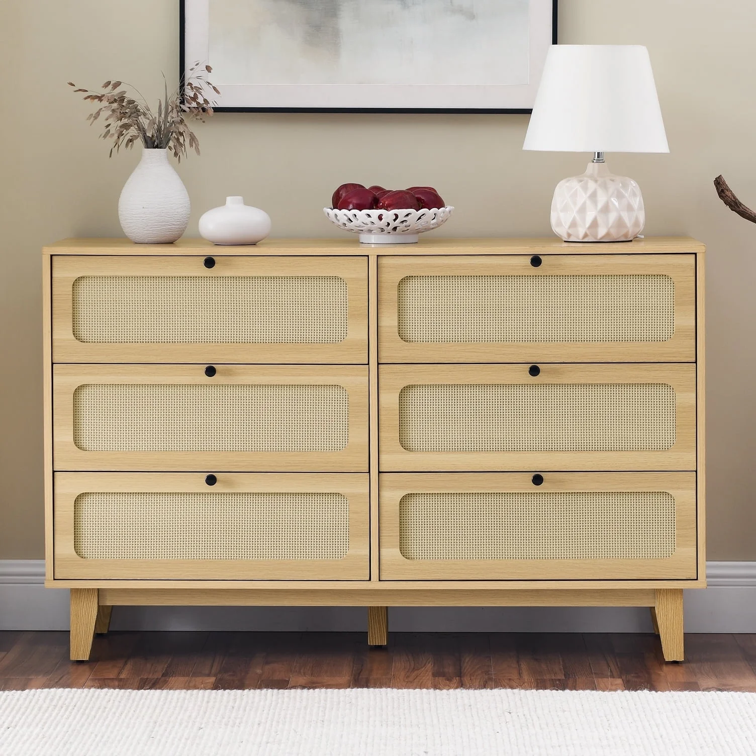 Spacious Storage 6 Large Drawers Elegant Walnut Finish Mid Century Modern Dresser Organizer for Bedroom, Living Room & Entryway, Oak