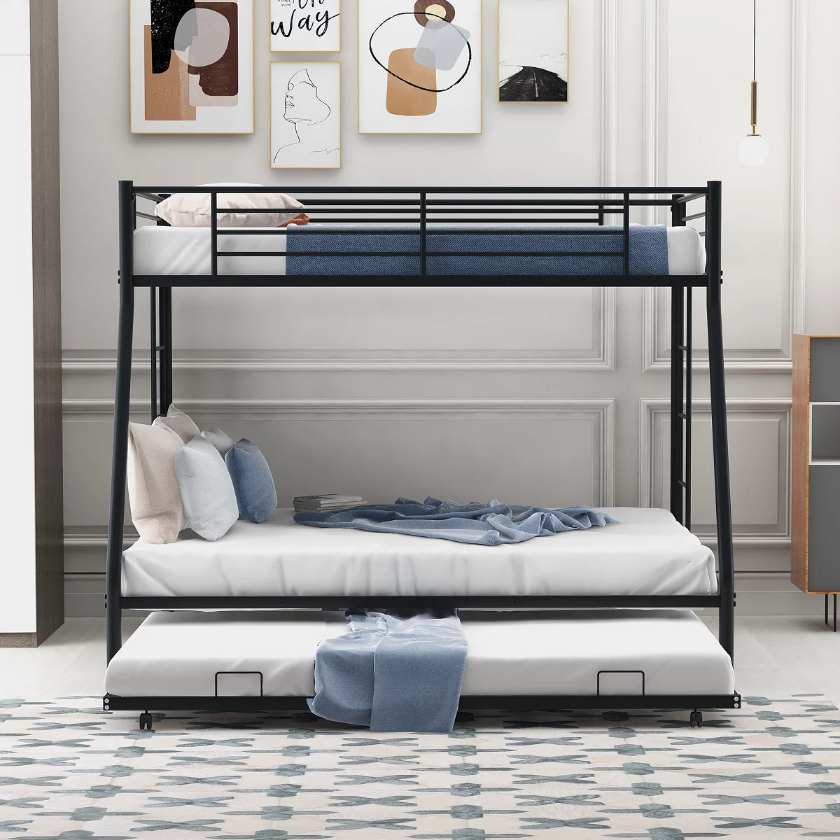 Twin-Over-Full Bunk Bed with Twin Size Trundle Modern Style Bed with Two-Side Ladders Classic Metal Bunk Bed for Bedroom, Dorm, Boys, Girls, Adults