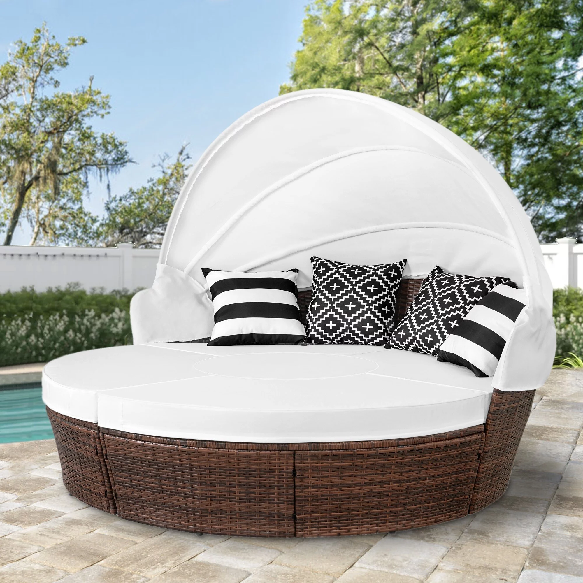 Ledel Wicker Outdoor Daybed 5-piece Sectional Sofa Set With Retractable Canopy and Cushions Blue