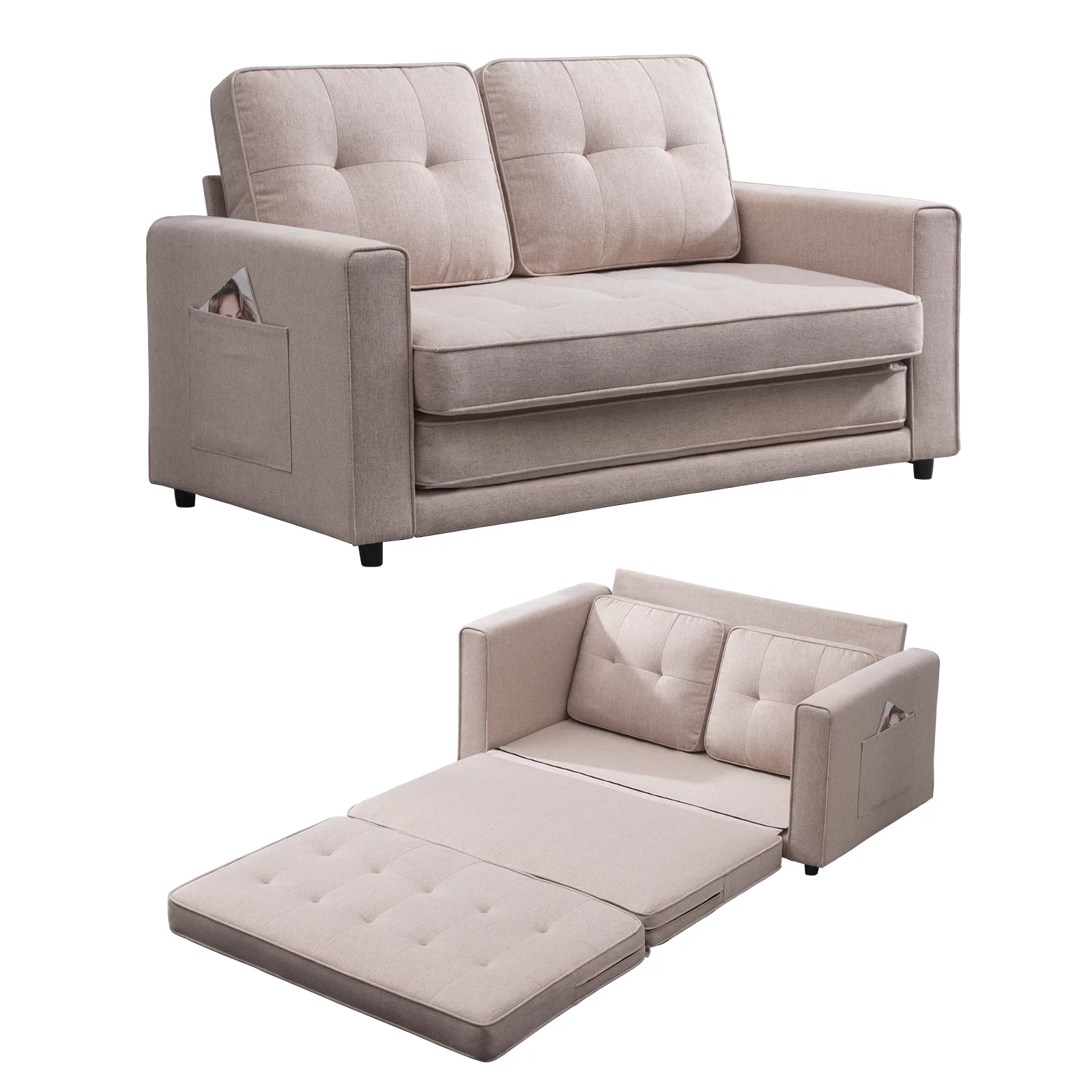 Mjkone Convertible Sofa Bed, Upholstered Loveseat Couch,Futon loveseat sleeper, Linen Fabric and High Density Couch, Pull out futon sofa bed, Furniture for Living Room, Apartment, Beige