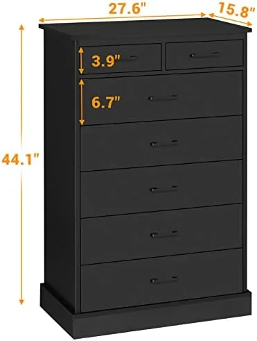 xrboomlife Tall Dresser with 7 Drawers for Bedroom Tower Clothes Organizer White Chest of Sturdy Pedestal 27.6'' W x 15.8'' D 44.1'' H Black