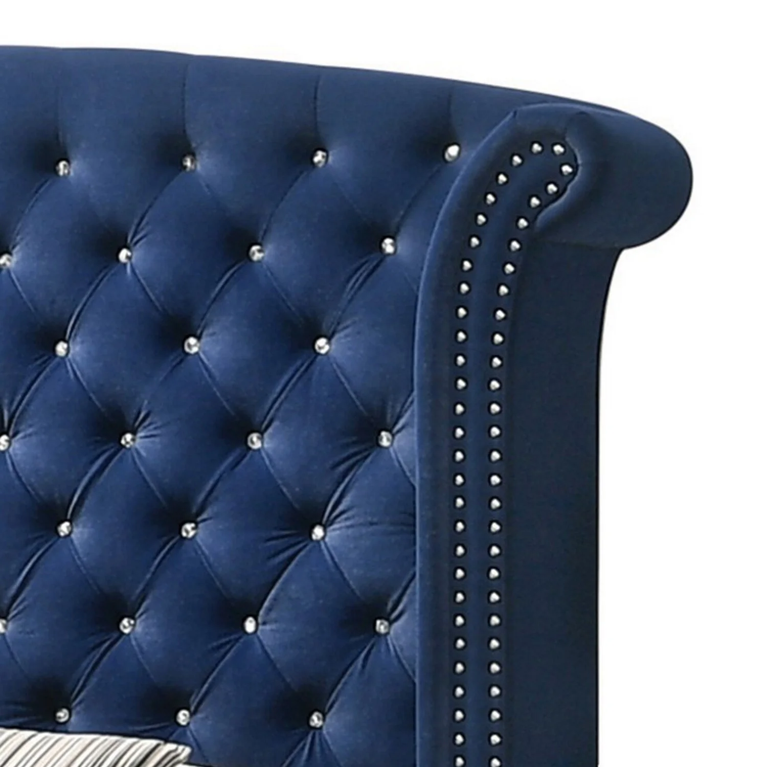 Benjara  Velvet Upholstery Tufted Headboard Giya Wingback Queen Size Bed, Pacific Blue & Nickel