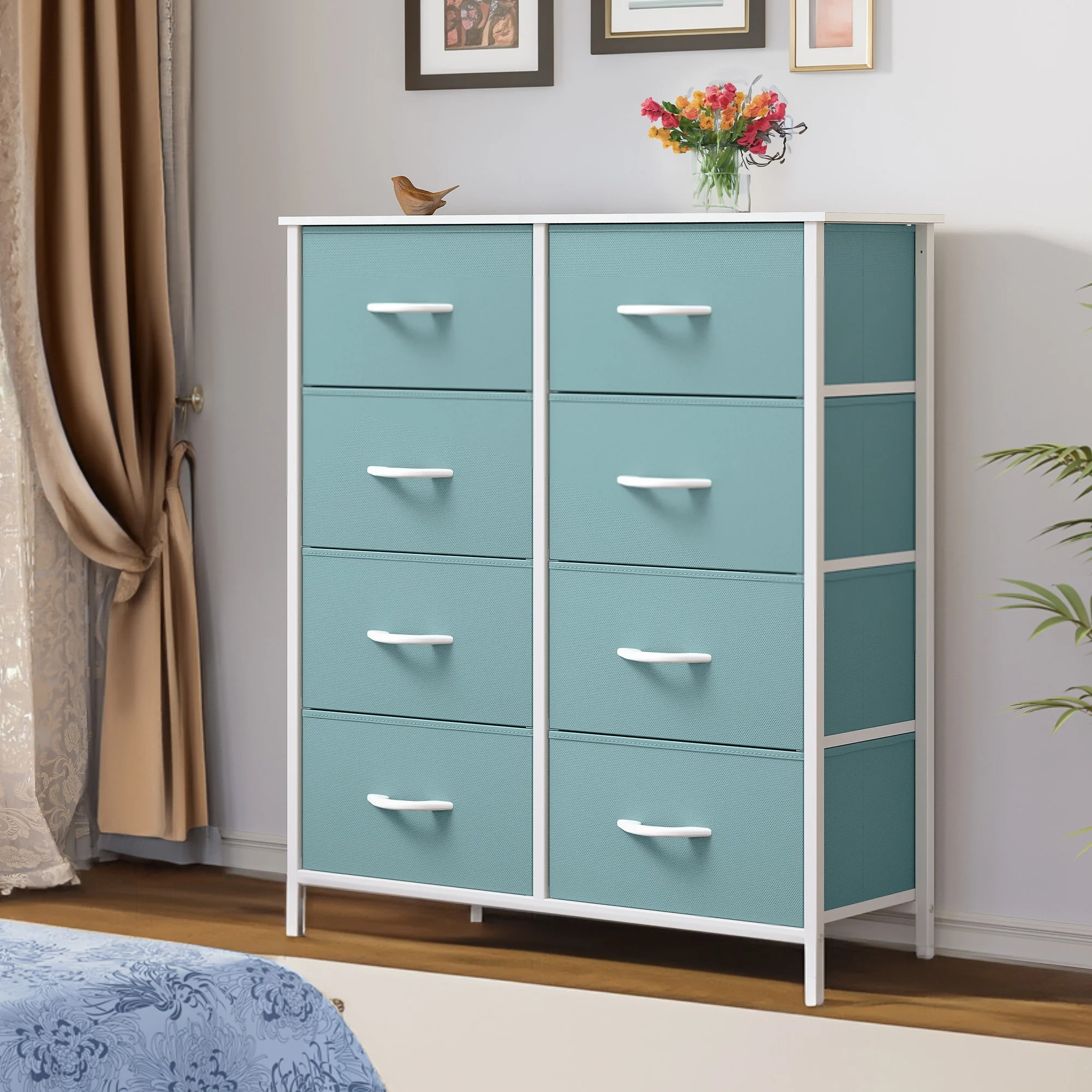 Modern 8-drawers Vertical Fabric Dresser Bedroom Storage Tower Solid Green
