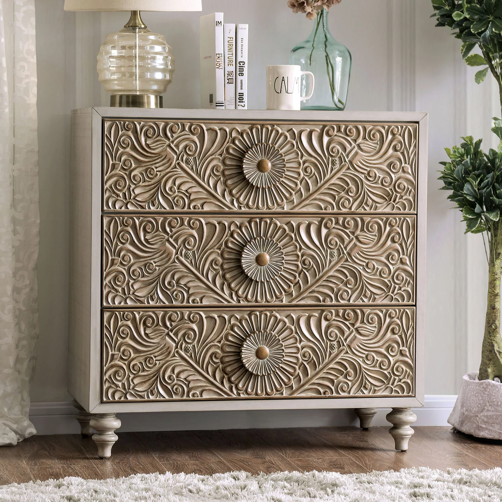 Formal Transitional Antique White Queen Size Bed Dresser Mirror 3 Drawers Nightstand 4pc Bedroom Set Beige Fabric HB
