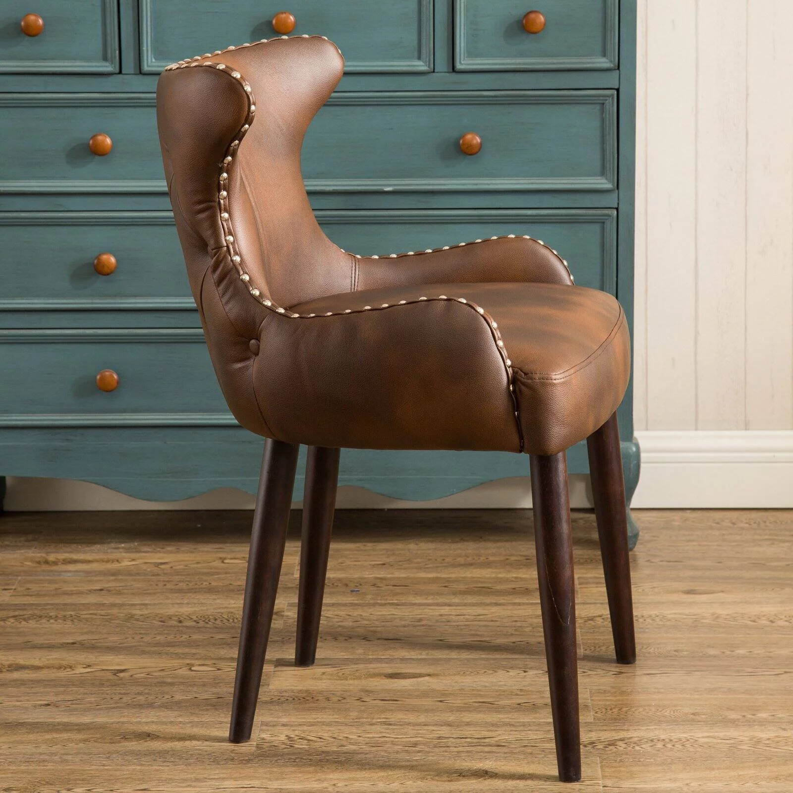 Viking Tufted Button Back barrel chair with Nailhead in Brown
