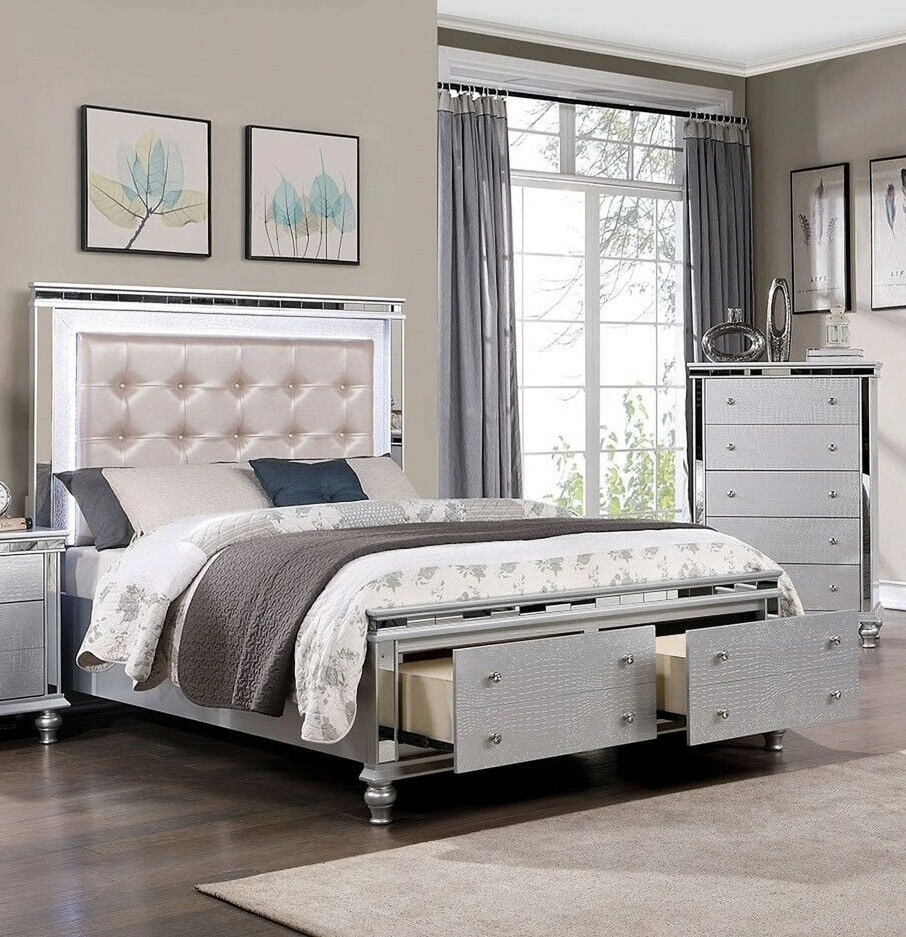California King Size Bed w Drawers Footboard Bedroom Furniture 1pc Bed Tufted Leatherette Headboard w LED Classic Modern