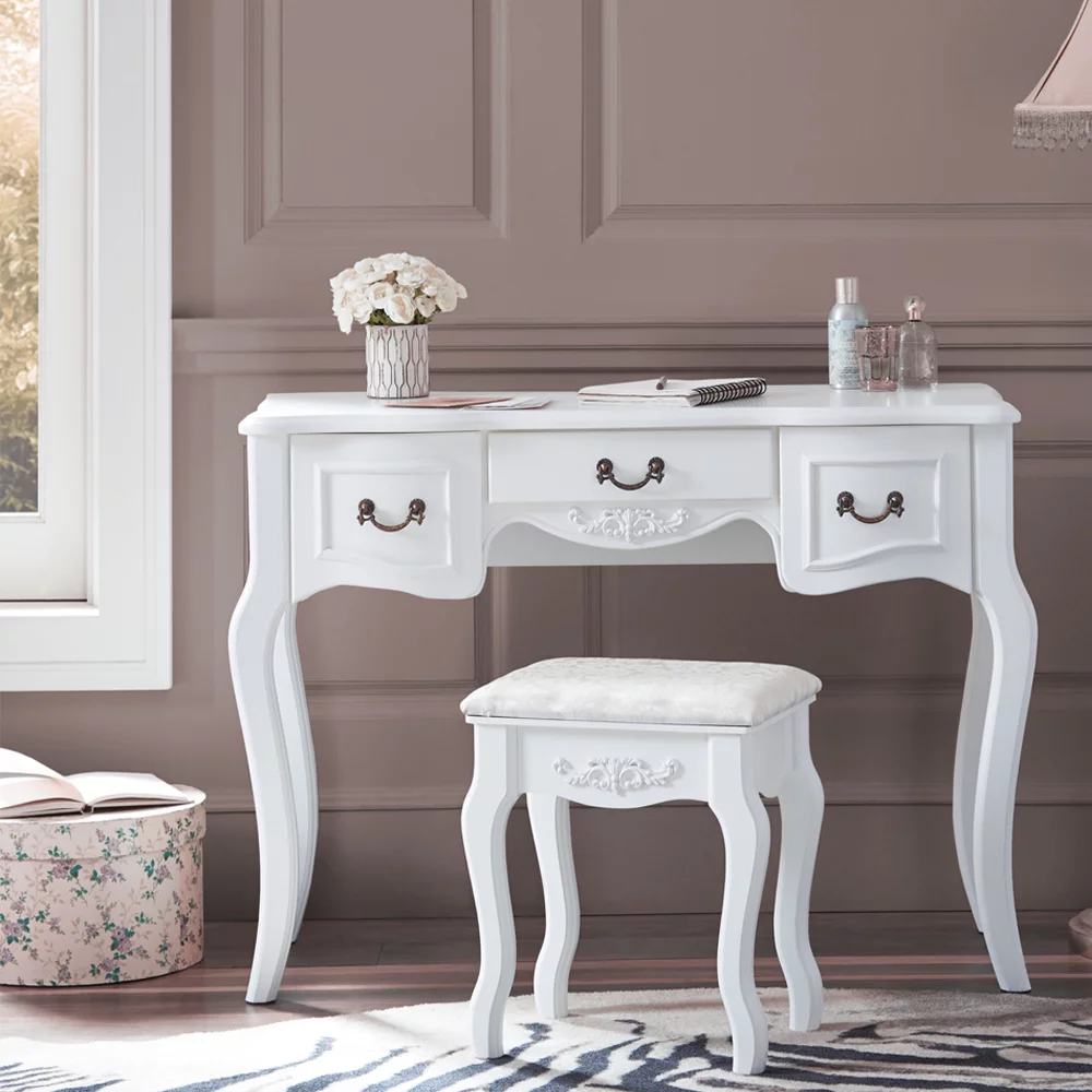 Zimtown Tri Folding White Vanity Makeup Dressing Table Set w/Stool 5 Drawer & Mirror Wood Desk,White