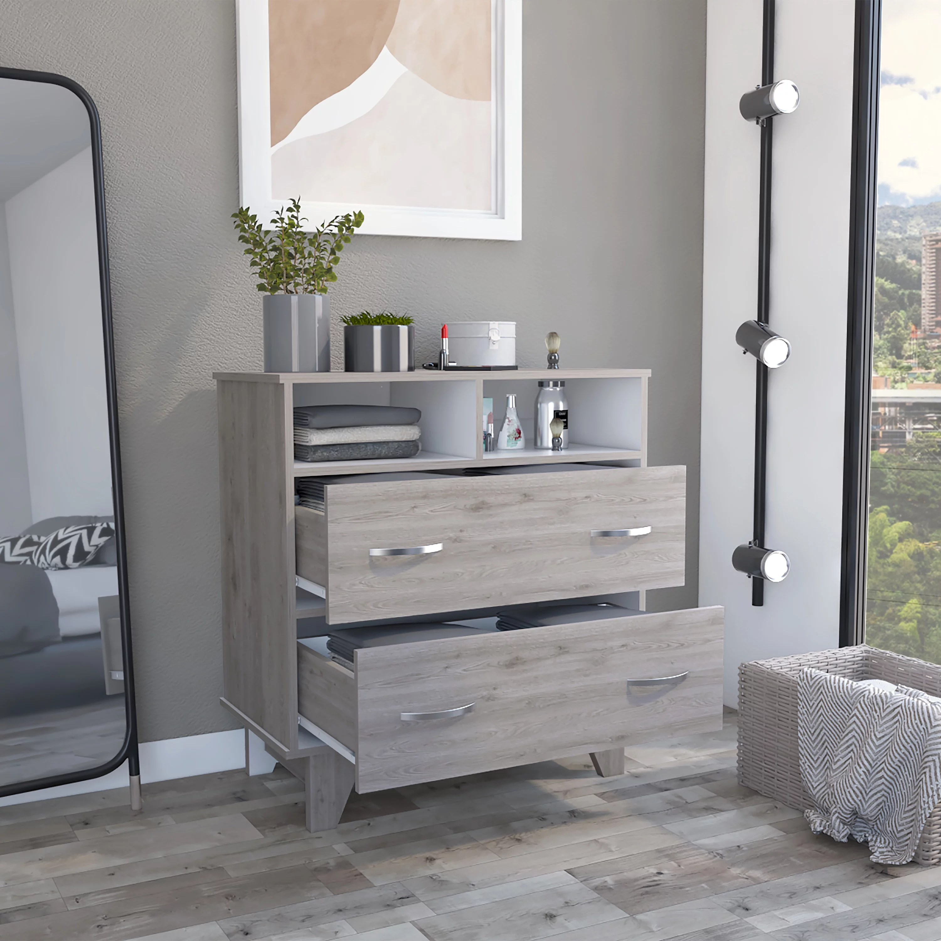 CoSoTower Two Drawer Dresser, Two Open Shelves, Superior Top, Four Legs -Light Gray / White