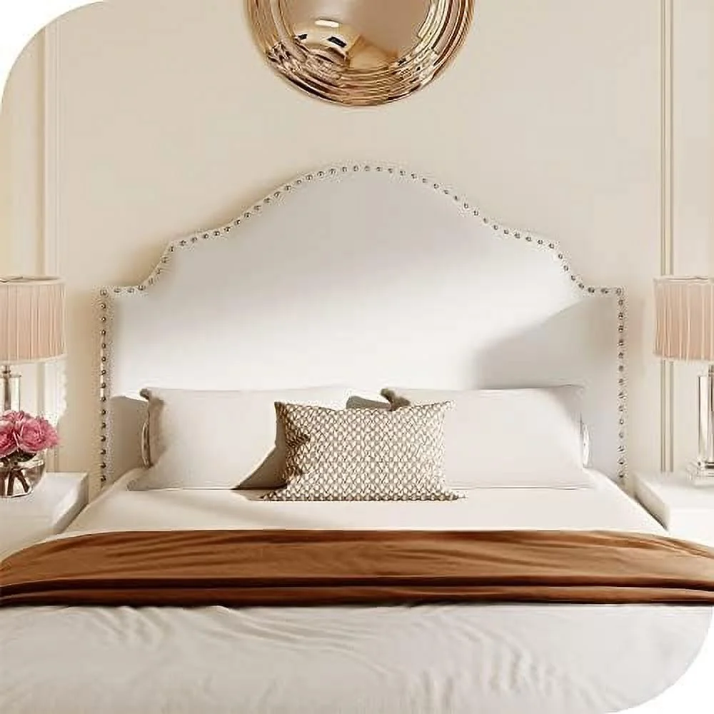 Upholstered Tufted Headboard For Queen Size Bed Minimalist Adjustable Height Queen Headboard With Nailhead Trim And Metal Legs Beige Tufted Headboard Queen Size For Bedroom