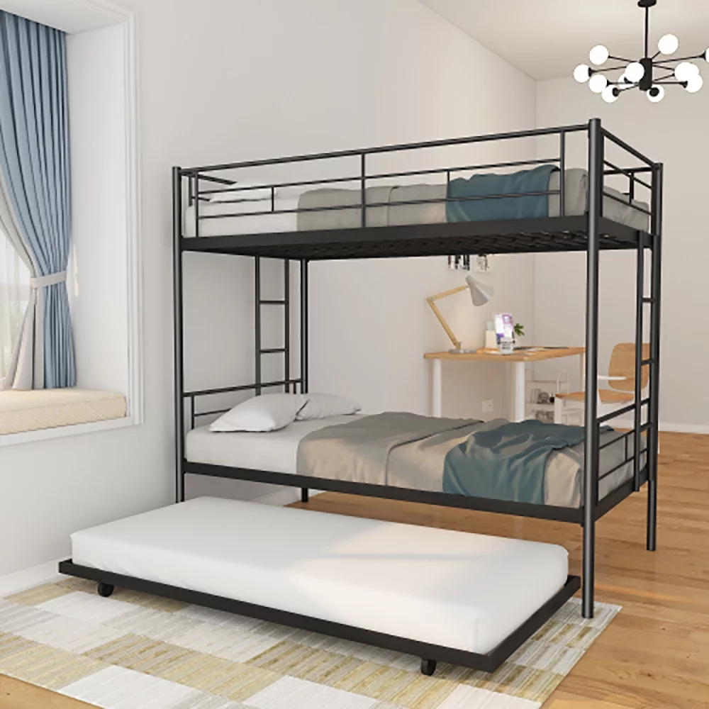 Twin Over Standard Metal Bunk Bed with Trundle for Twins Kids Teenagers, Adult Dormitory Bed- 78''X41.5''X65.2''-Black