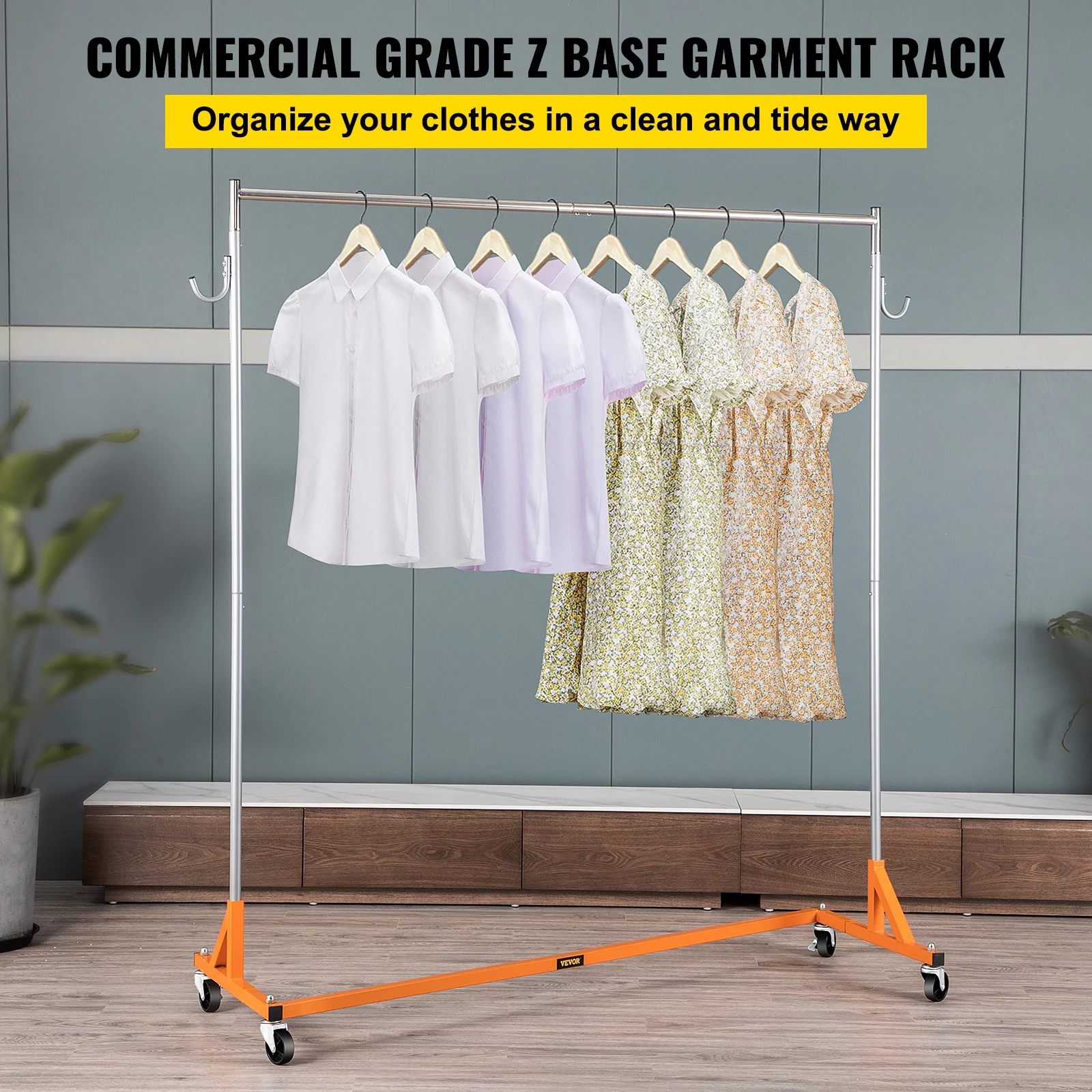 VEVOR Z Rack, Industrial Grade Z Base Garment Rack, Height Adjustable Rolling Z Garment Rack, Sturdy Steel Z Base Clothing Rack w/ Lockable Casters for Home Garment Store Display Commercial Use Orange