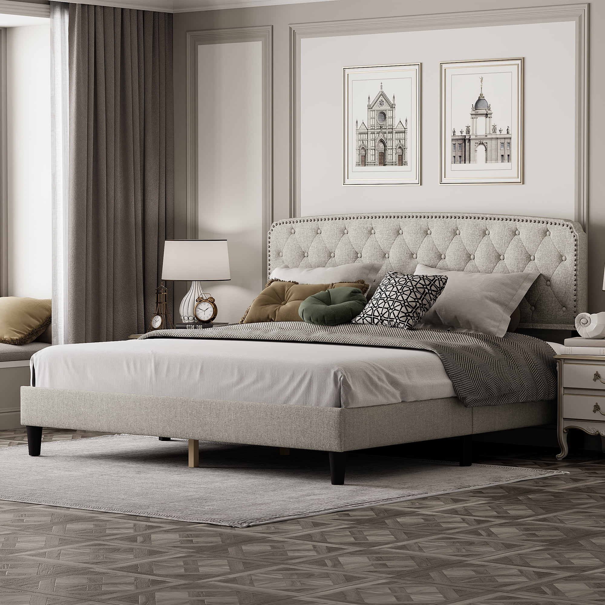 BTMWAY King Bed Frame, King Size Linen Upholstered Platform Bed with Adjustable Button-Tufted Headboard, Wood Slat Support, Modern Platform Bed, Holds 550lbs, No Box Spring Needed, Cream White