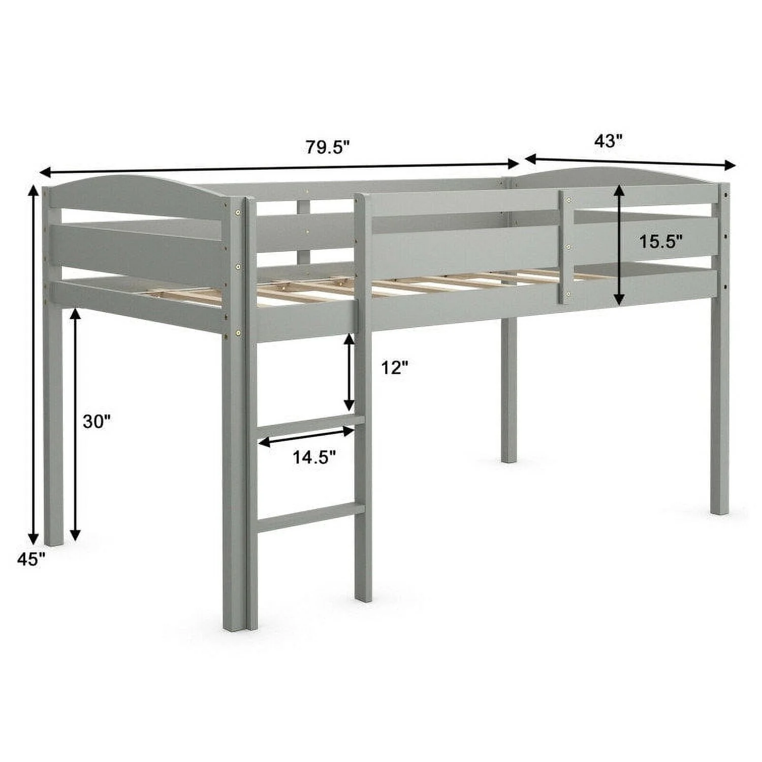 Wooden Twin Low Loft Bunk Bed with Guard Rail and Ladder