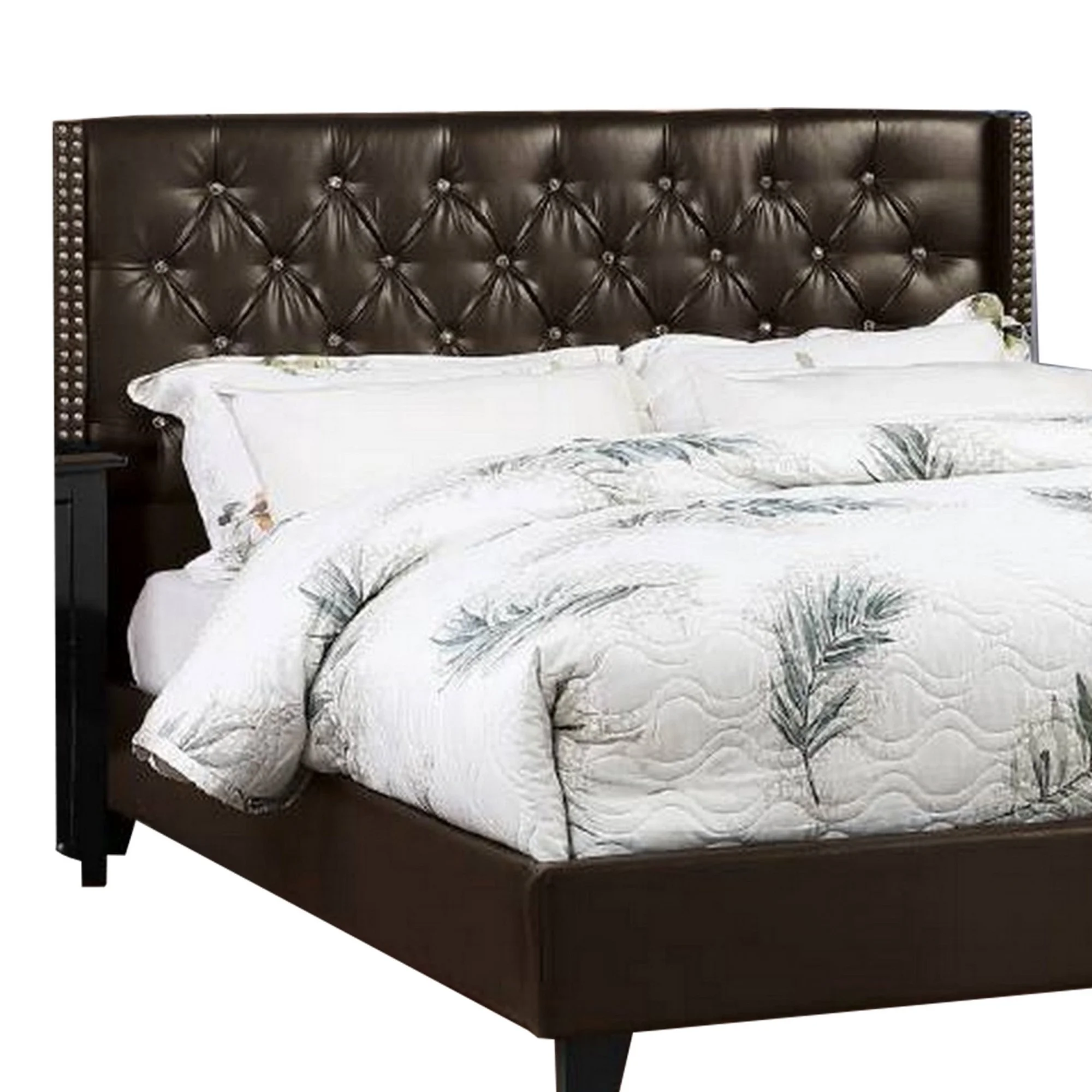 Benjara BM300220 Asu Wood Bed with Nailhead Trim, Faux Leather Upholstered, Brown - Queen Size