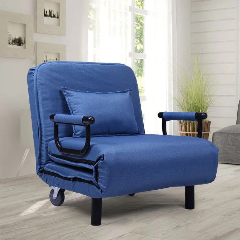 Convertible Sofa Bed Sleeper Chair with Wheels, Modern Chaise Lounge 5 Position Adjustable Backrest, Folding Arm Chair Sleeper with Pillow, Upholstered Seat, Couch for Bedroom Home Office, Blue